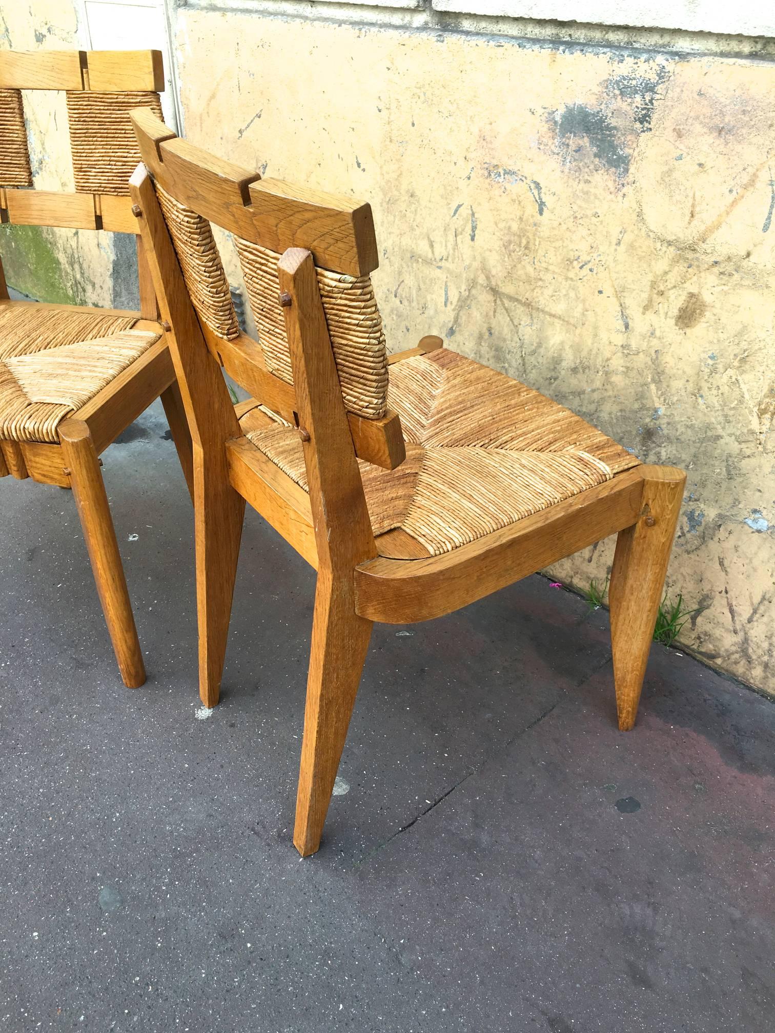 Guillerme et Chambon Very Rarest Set of 6 Oak and Rush Chairs Fully Restored 3
