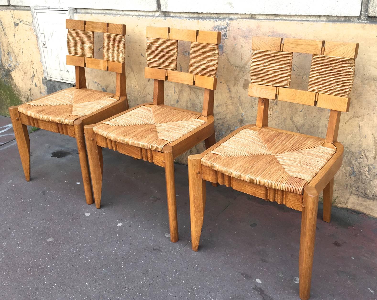 Guillerme et Chambon Very Rarest Set of 6 Oak and Rush Chairs Fully Restored 4
