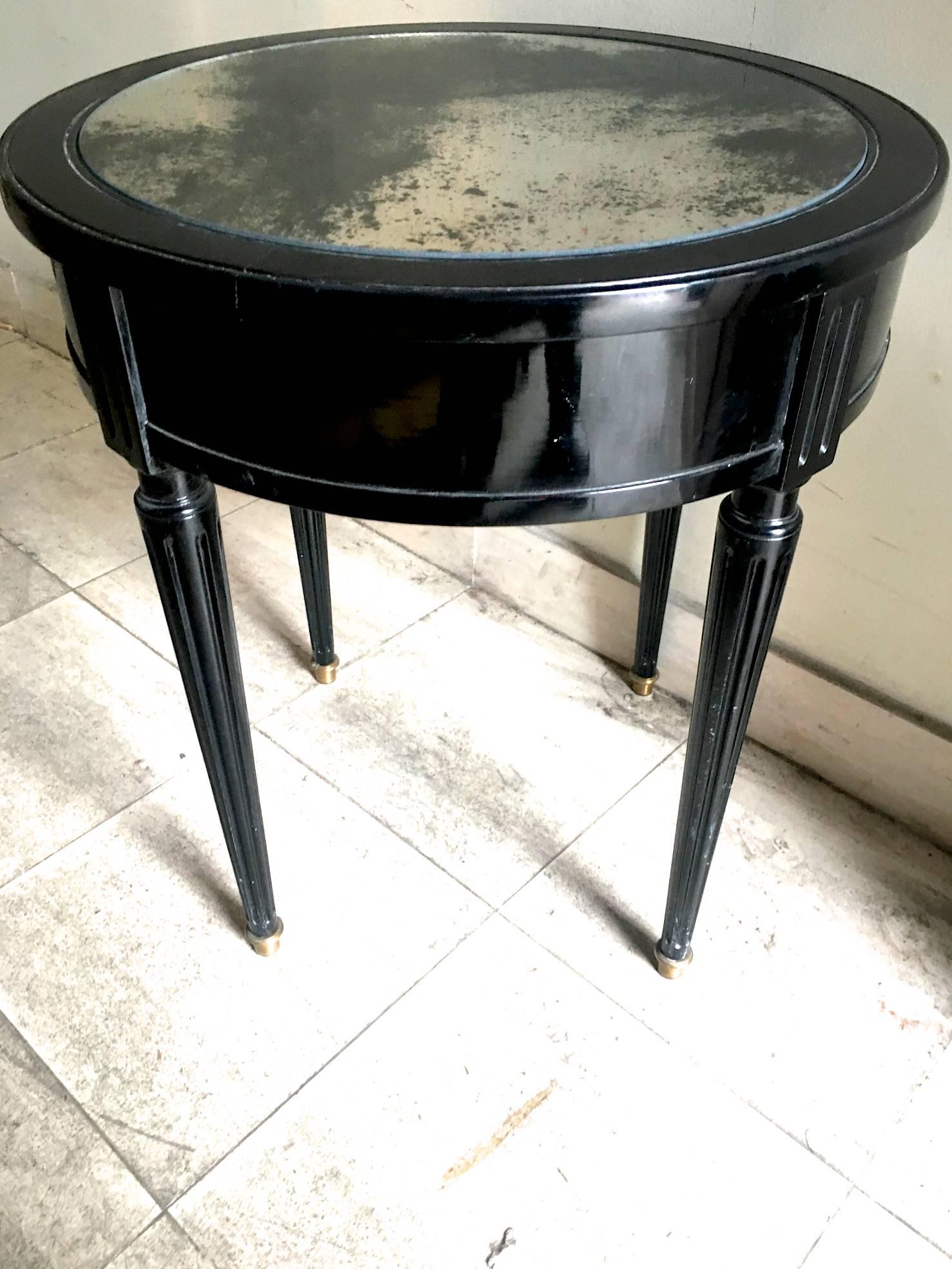 Mid-Century Modern Maison Jansen Signed Pair of Side Blackened Wood Tables with Oxidized Mirror top For Sale