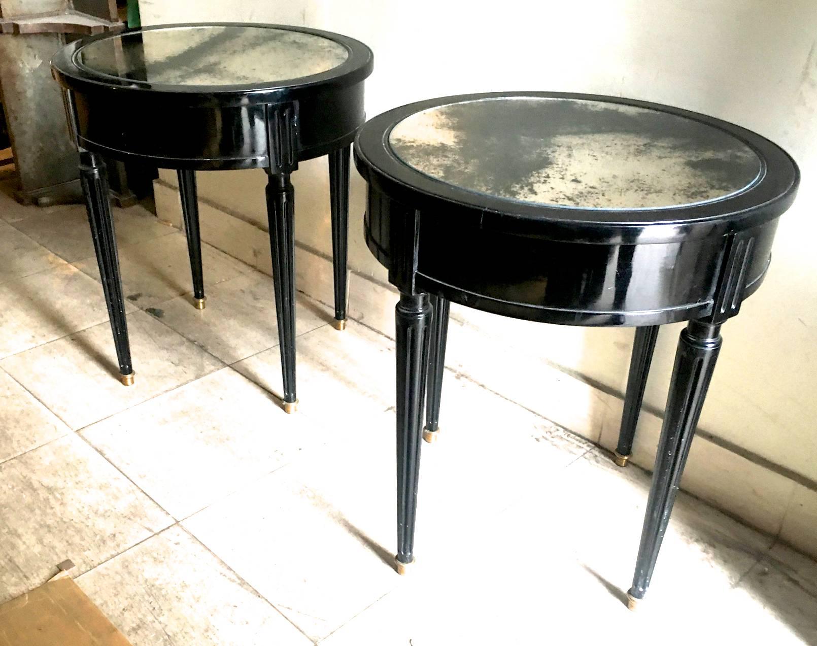 Mid-20th Century Maison Jansen Signed Pair of Side Blackened Wood Tables with Oxidized Mirror top For Sale