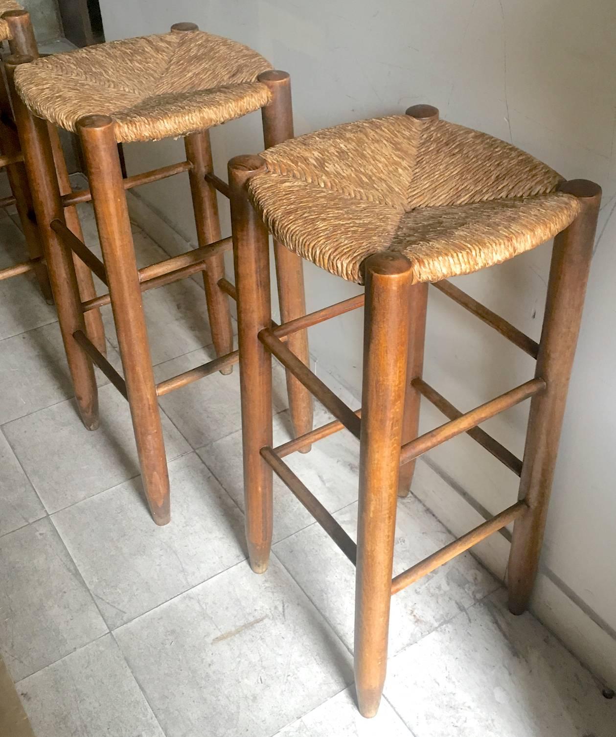 French Charlotte Perriand, Set of Three Rush Bar Stools, circa 1950 For Sale