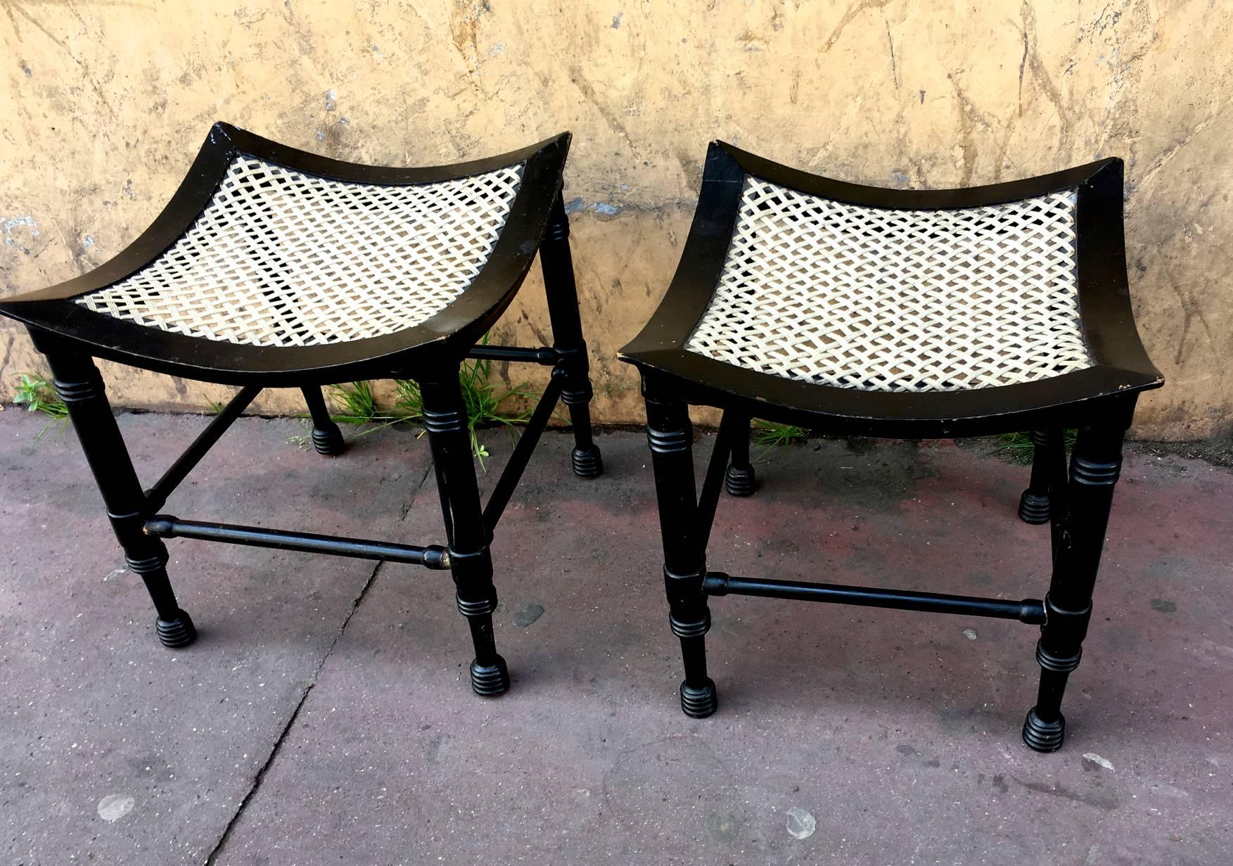 Pair of Arts & Crafts 'Thebes' Blackened Wood Stools by Liberty & Co For Sale 2