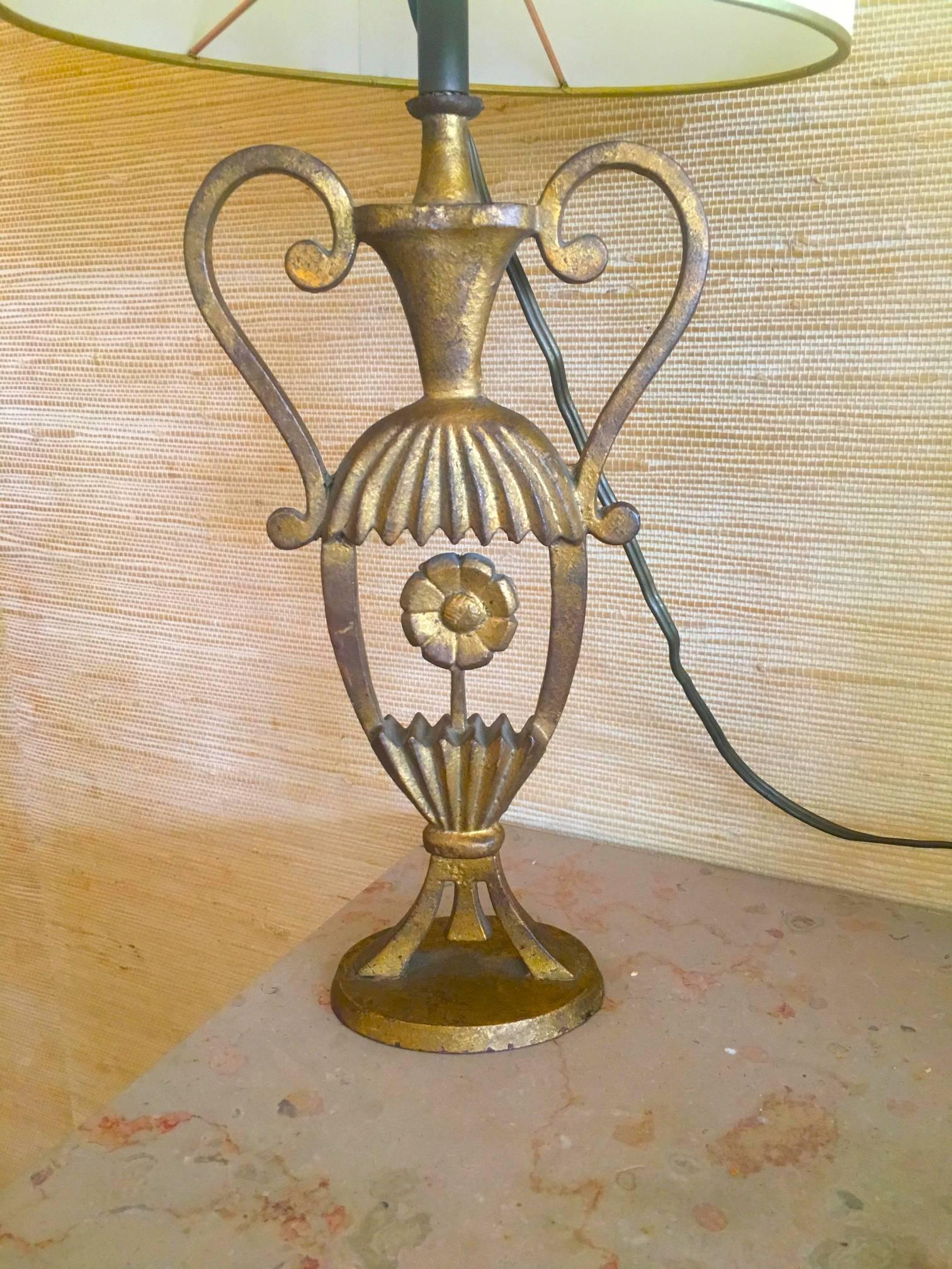 Maison Bagues Rare Air of Gold Leaf Cast Iron Charming Little Pair of Lamp For Sale 1