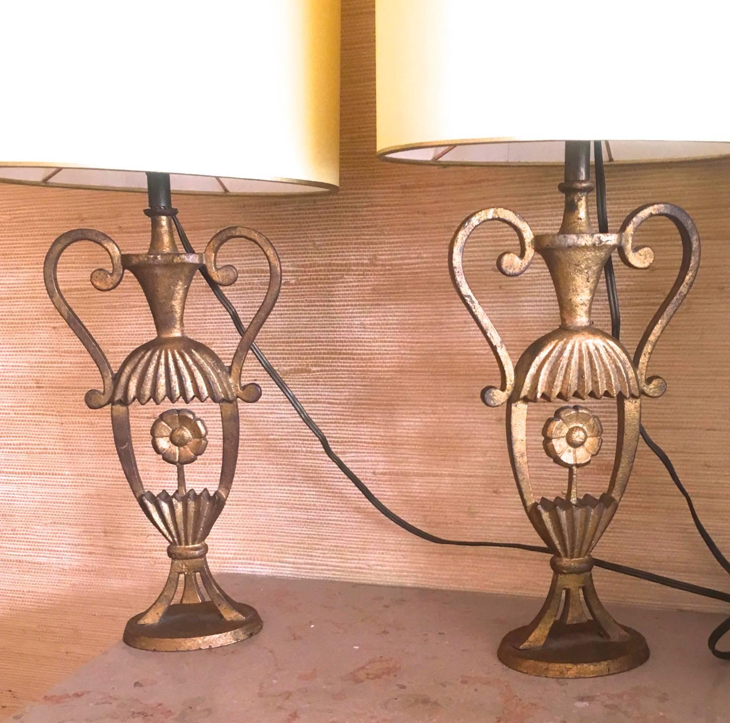 Mid-20th Century Maison Bagues Rare Air of Gold Leaf Cast Iron Charming Little Pair of Lamp For Sale