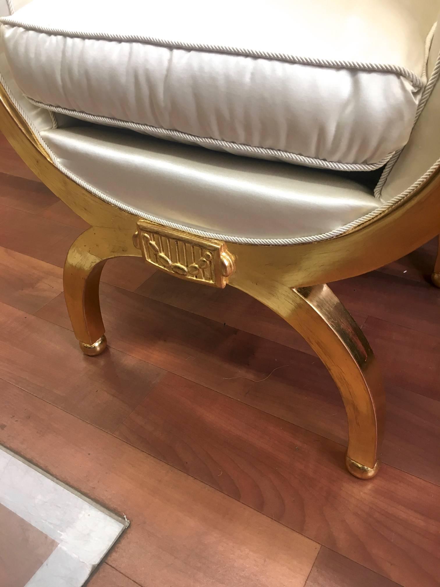 Art Deco Maurice Dufrene Refined Gold Leaf Curdle Stool Restored in Satin Silk For Sale
