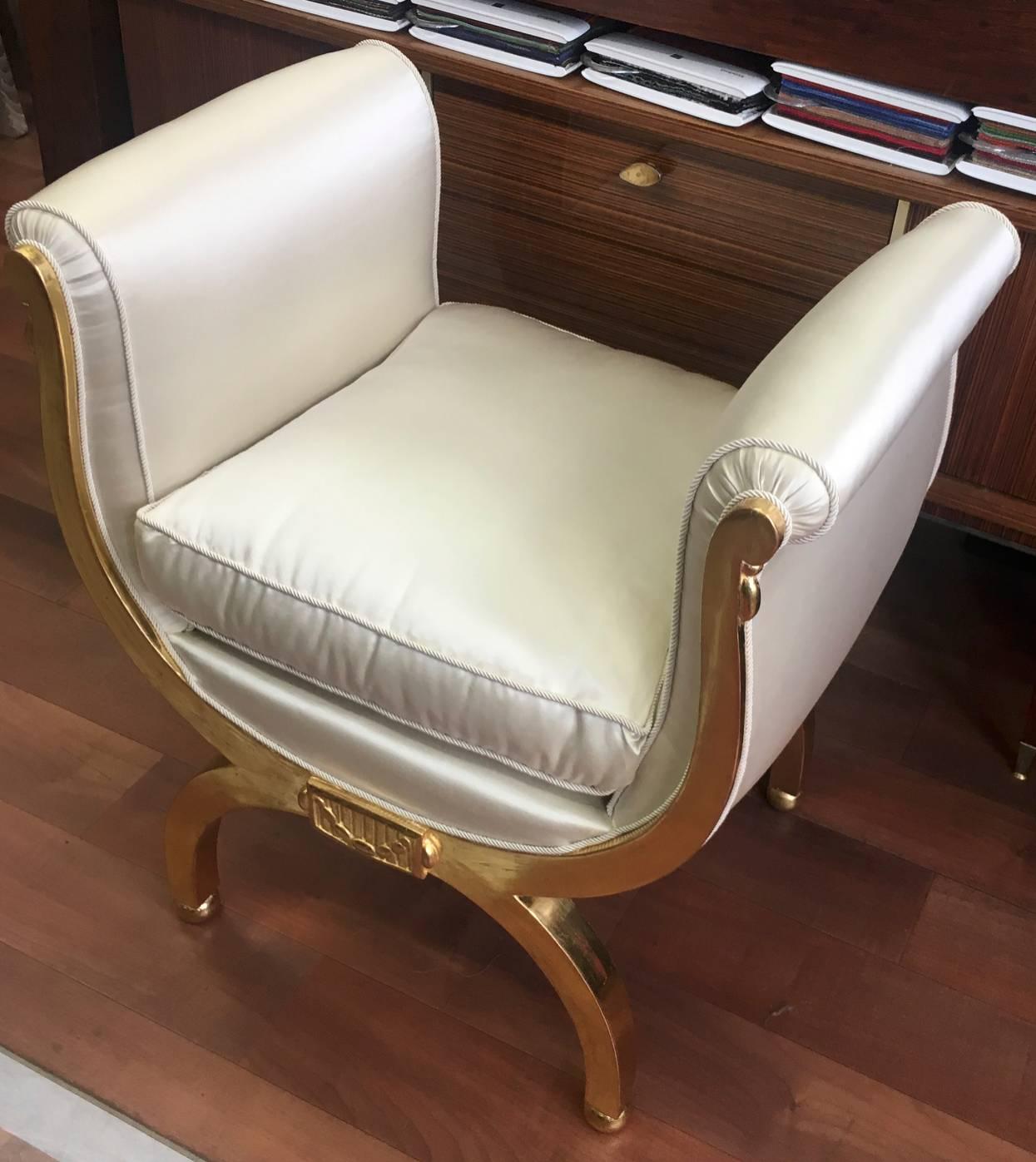 Gilt Maurice Dufrene Refined Gold Leaf Curdle Stool Restored in Satin Silk For Sale