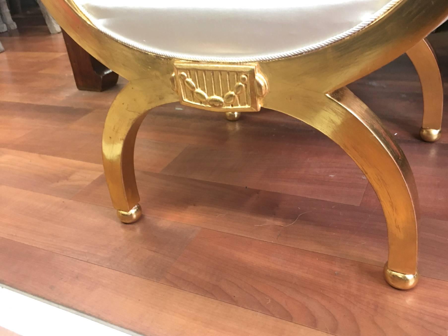 Early 20th Century Maurice Dufrene Refined Gold Leaf Curdle Stool Restored in Satin Silk For Sale