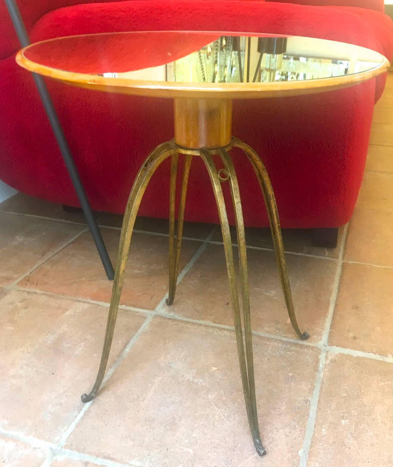 Mid-Century Modern Rene Prou Rare Refined Pair of Side Table in Sycamore and Gold Leaf Wrought Iron For Sale