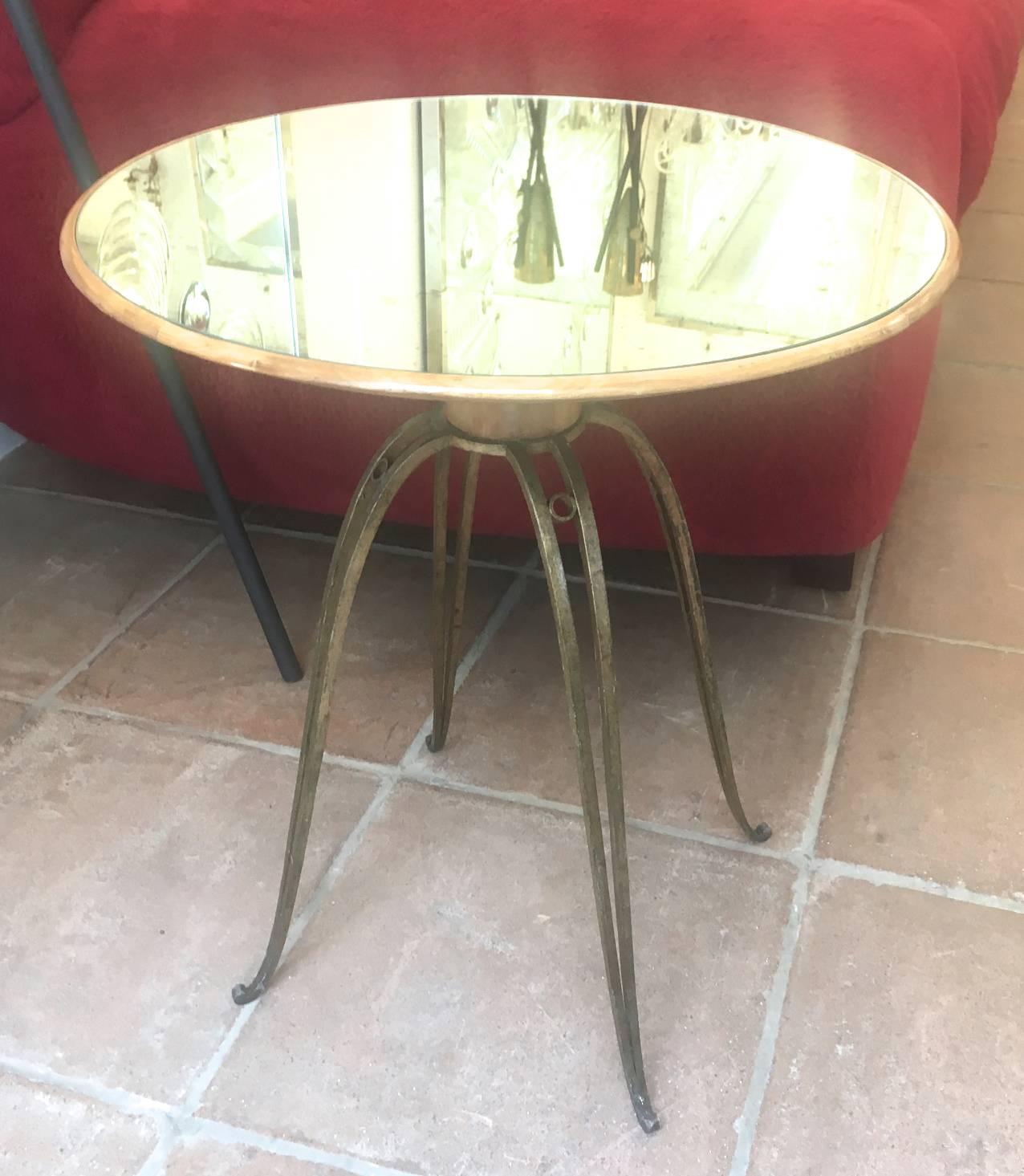 Mid-20th Century Rene Prou Rare Refined Pair of Side Table in Sycamore and Gold Leaf Wrought Iron For Sale