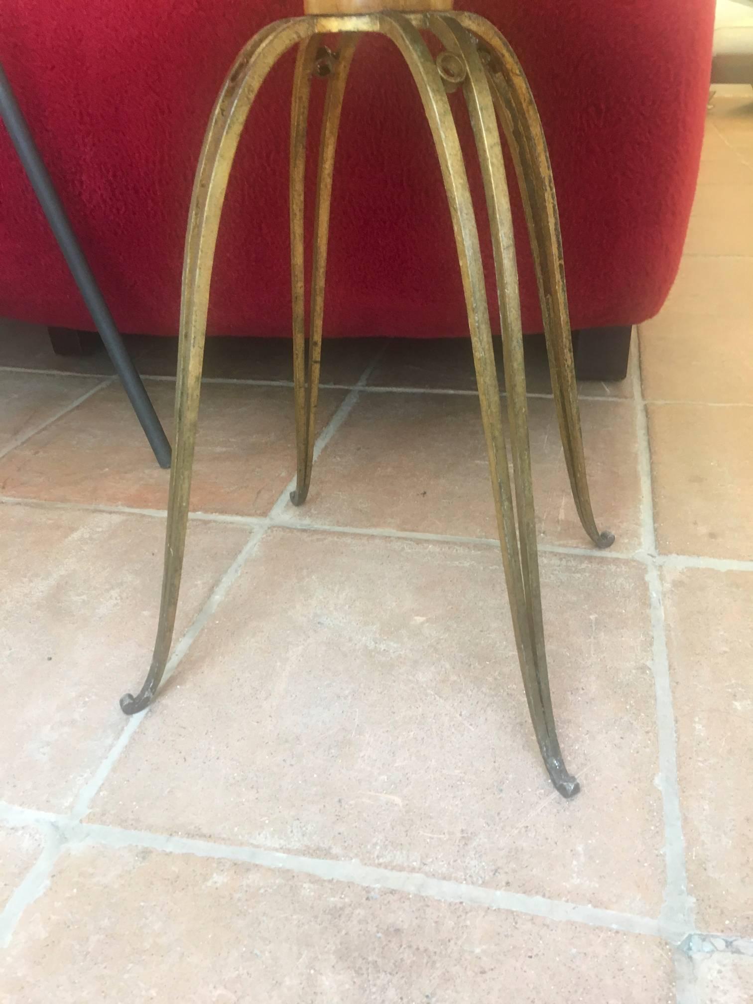 Rene Prou Rare Refined Pair of Side Table in Sycamore and Gold Leaf Wrought Iron For Sale 1