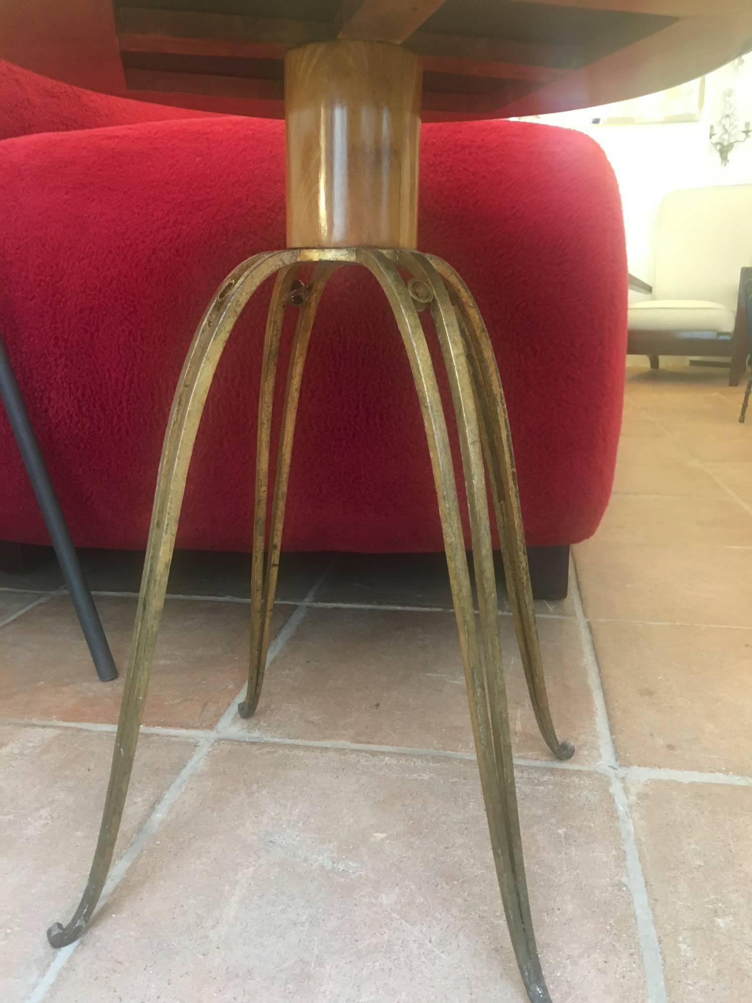 Rene Prou Rare Refined Pair of Side Table in Sycamore and Gold Leaf Wrought Iron In Excellent Condition For Sale In Paris, ile de france