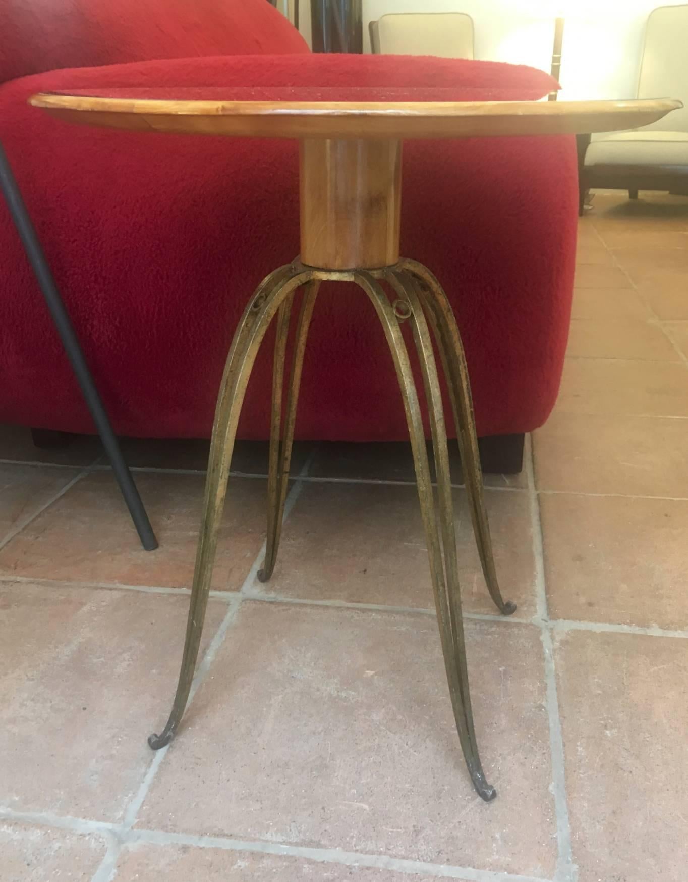 French Rene Prou Rare Refined Pair of Side Table in Sycamore and Gold Leaf Wrought Iron For Sale