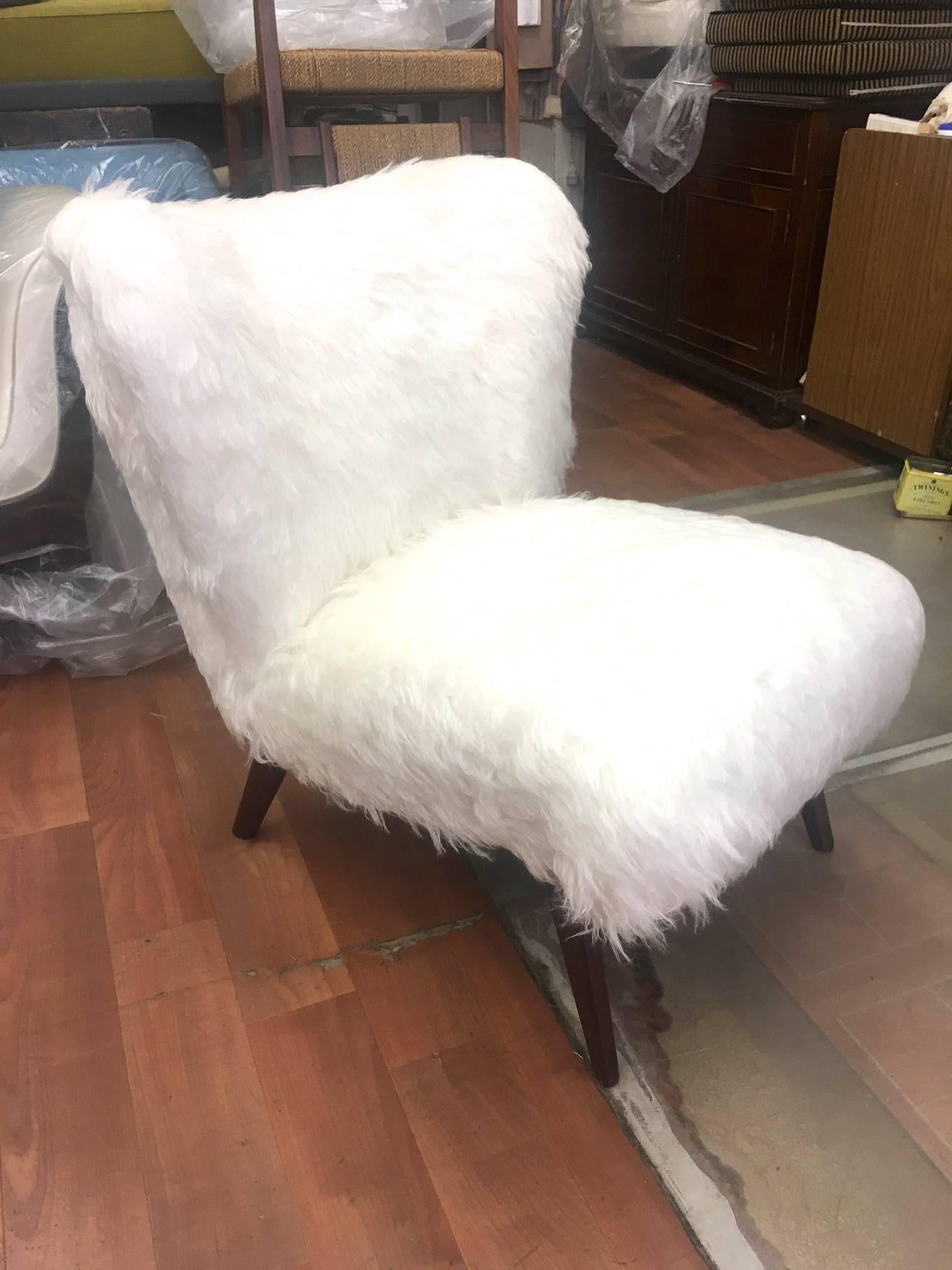 Mid-Century Modern Spectacular Danish Pair of Slipper Chairs Newly Covered in Long Mohair Faux Fur For Sale