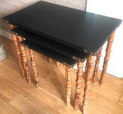 Jacques Adnet Rare Set of Bamboo and Black Leather Nest Tables