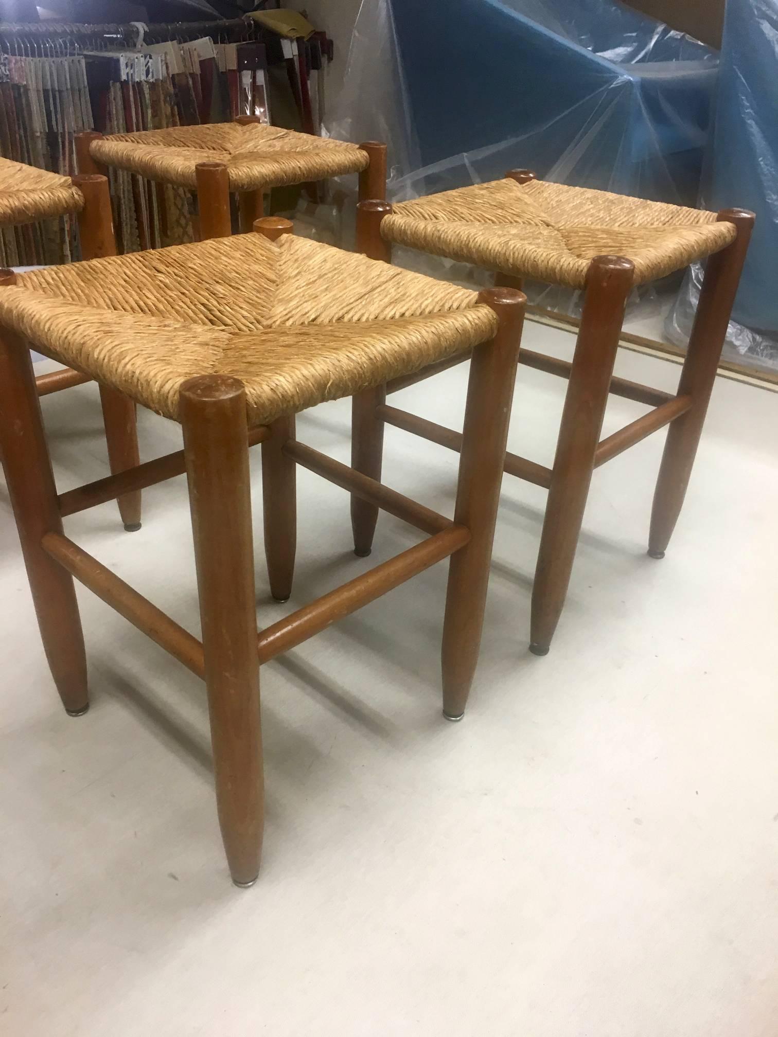 Mid-Century Modern Charlotte Perriand Set of Bauche Rush Stools in Vintage Condition Rare Rocking For Sale