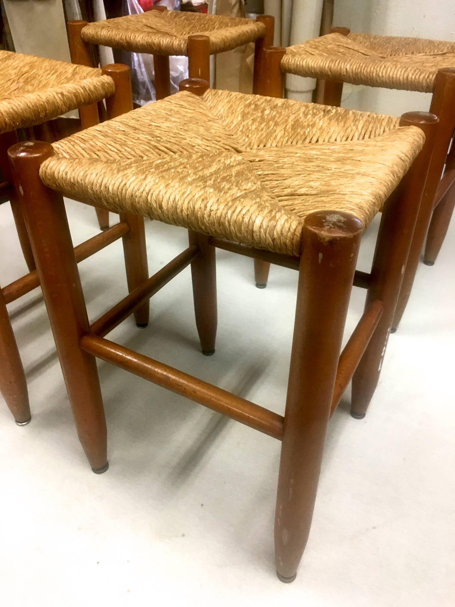 French Charlotte Perriand Set of Bauche Rush Stools in Vintage Condition Rare Rocking For Sale