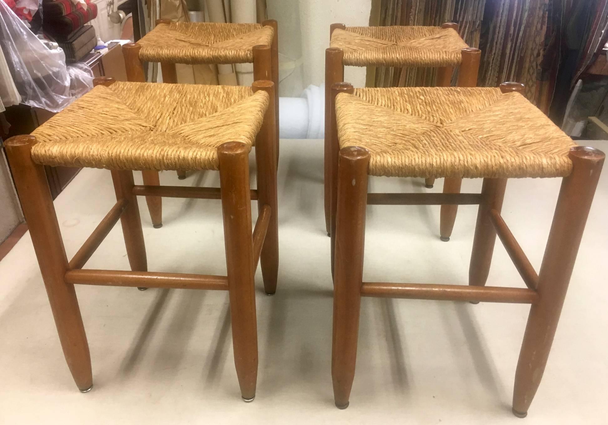 Mid-20th Century Charlotte Perriand Set of Bauche Rush Stools in Vintage Condition Rare Rocking For Sale