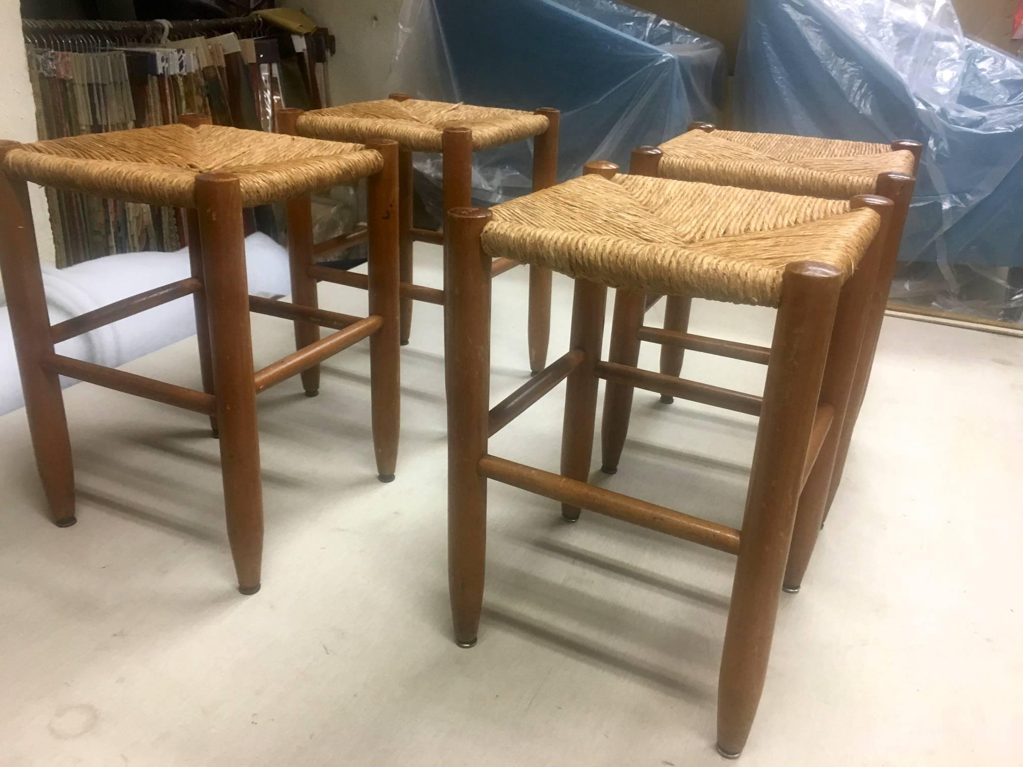 Charlotte Perriand Set of Bauche Rush Stools in Vintage Condition Rare Rocking For Sale 1