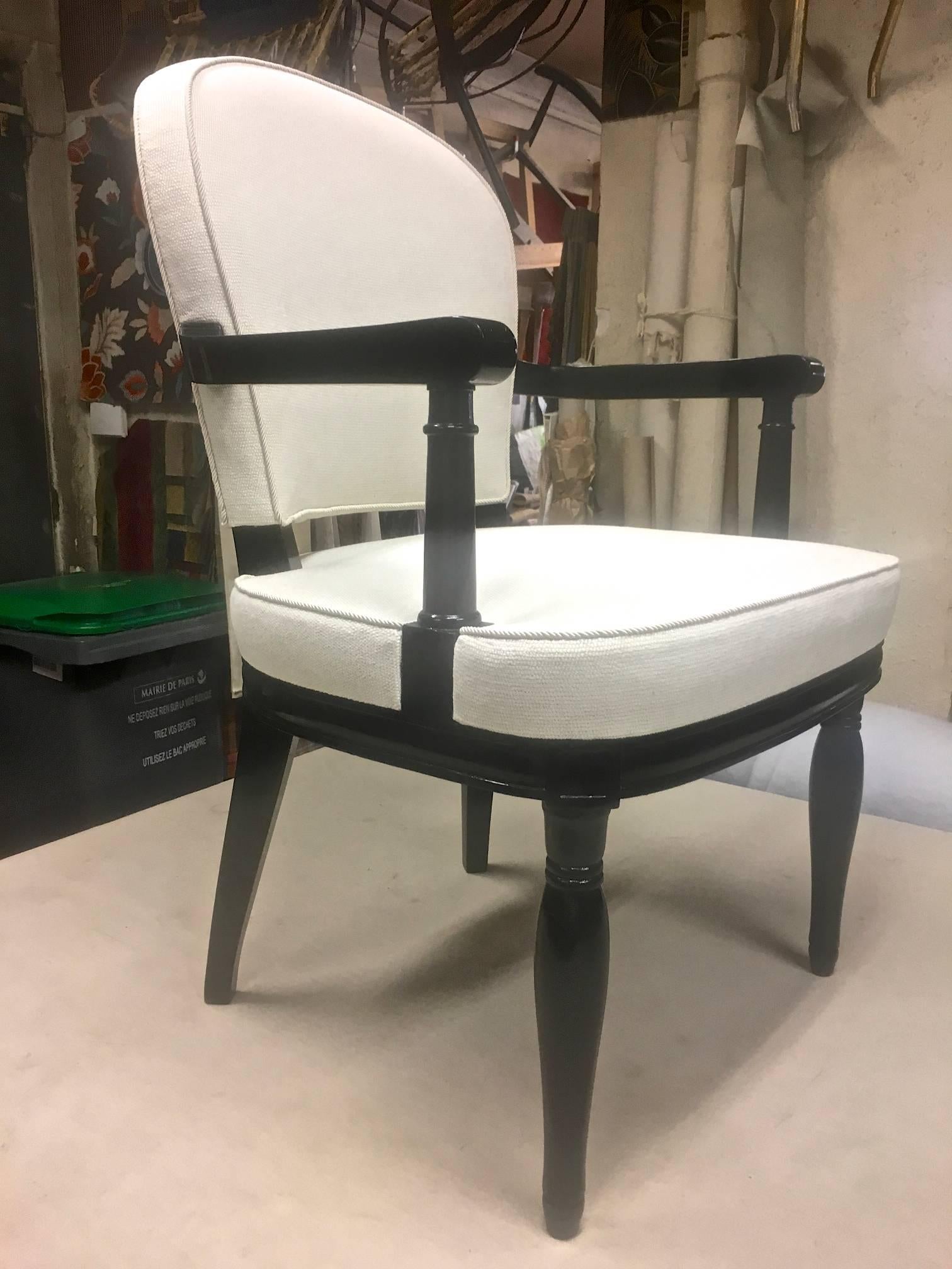 Mid-Century Modern André Arbus Pair of Black Lacquered Neoclassic Armchair Fully Restored For Sale