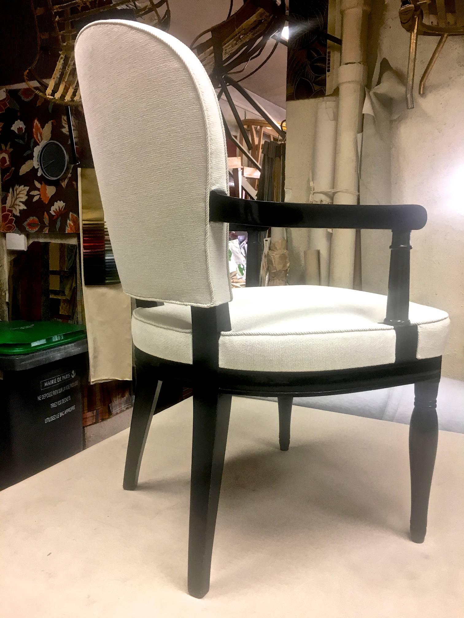 Cotton André Arbus Pair of Black Lacquered Neoclassic Armchair Fully Restored For Sale