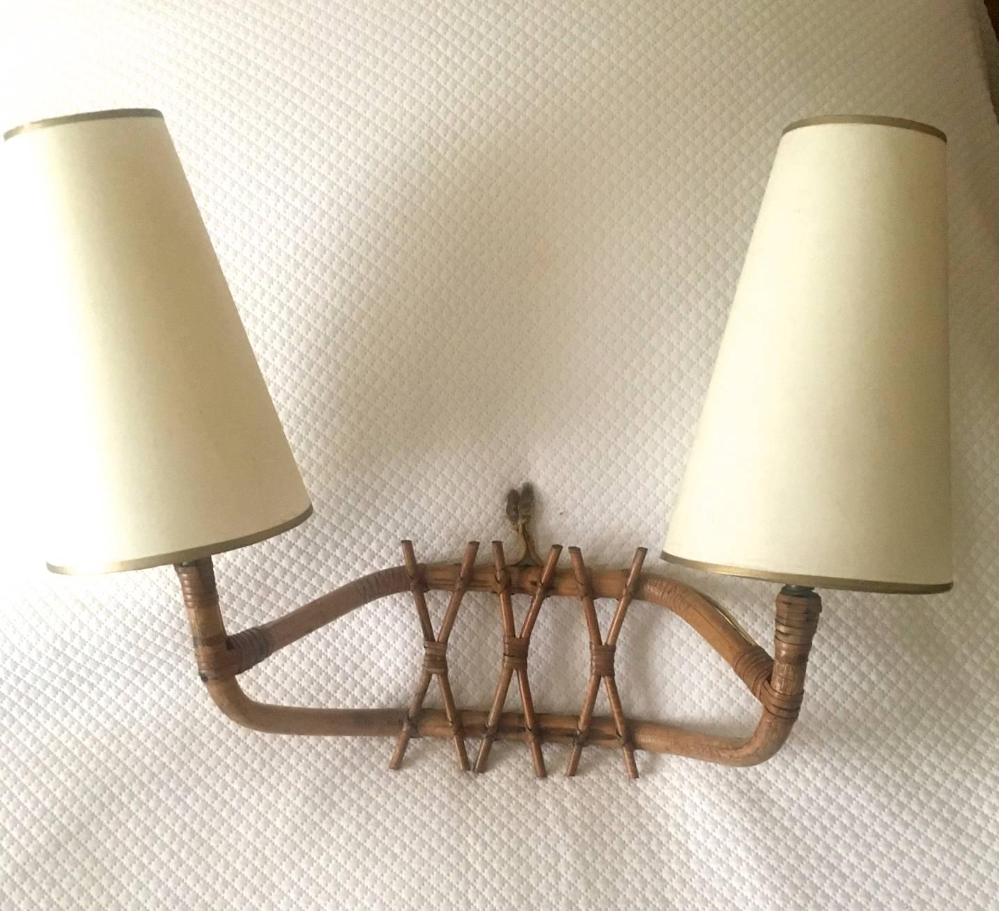 Mid-Century Modern French Riviera Charming Two Lights Set of Three Bamboo Sconces For Sale