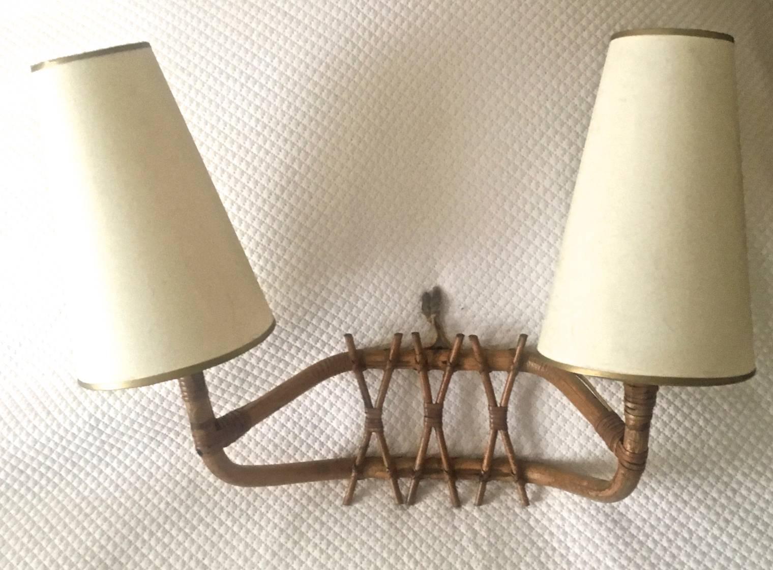 French Riviera Charming Two Lights Set of Three Bamboo Sconces In Good Condition For Sale In Paris, ile de france