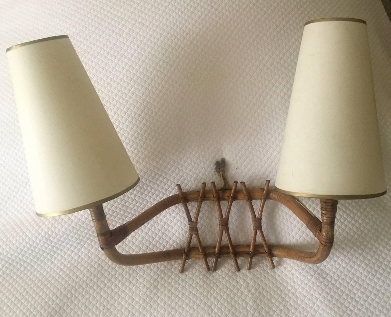 Mid-20th Century French Riviera Charming Two Lights Set of Three Bamboo Sconces For Sale