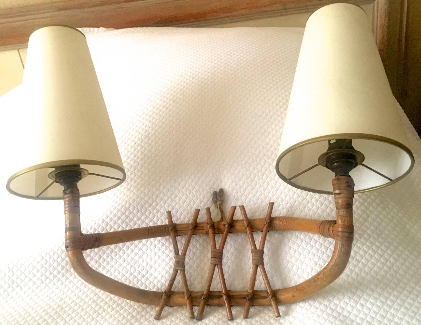 French Riviera Charming Two Lights Set of Three Bamboo Sconces For Sale 3