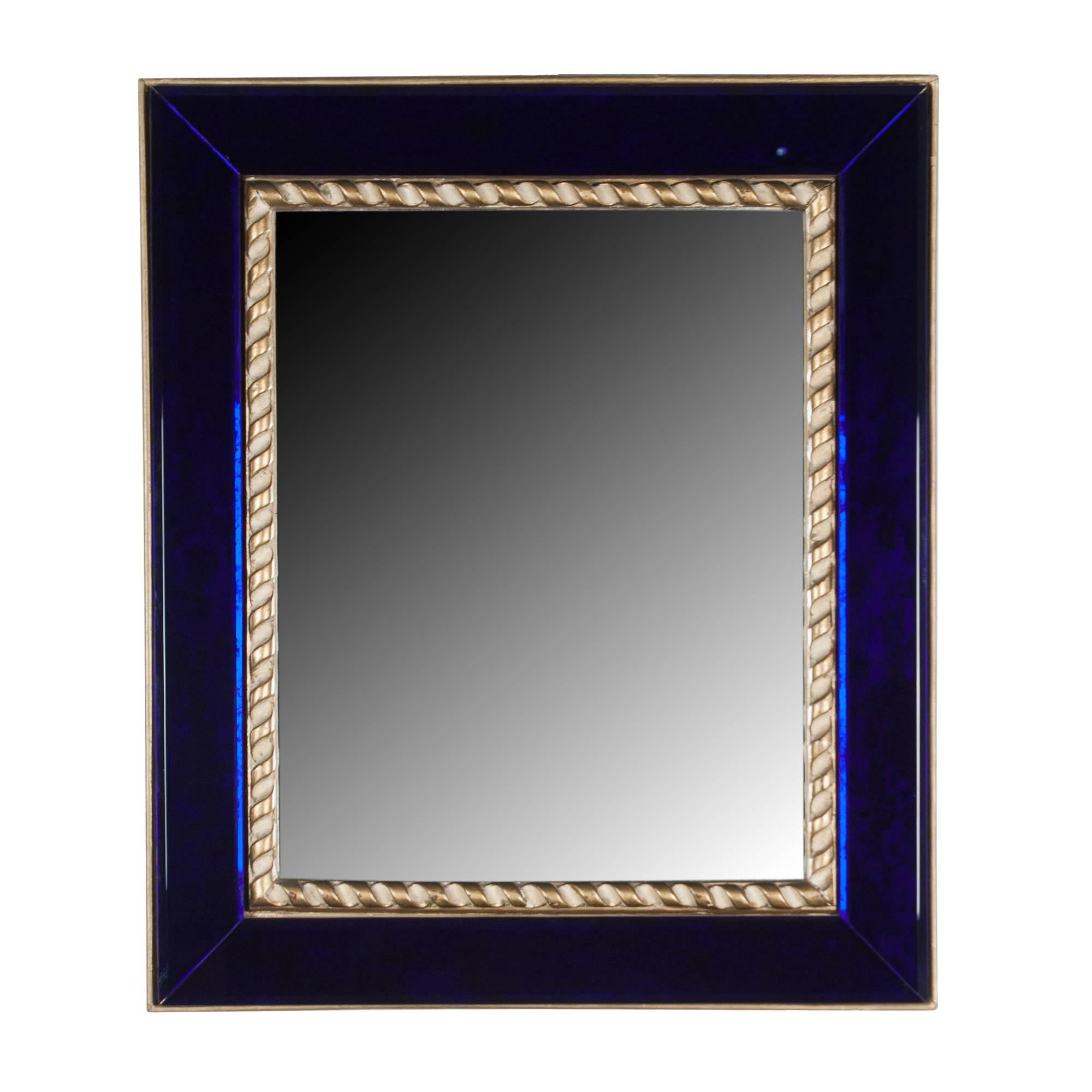 Blue Glass Frame Wall Mirror with Gilt Rope Border, by Pierre Lardin
