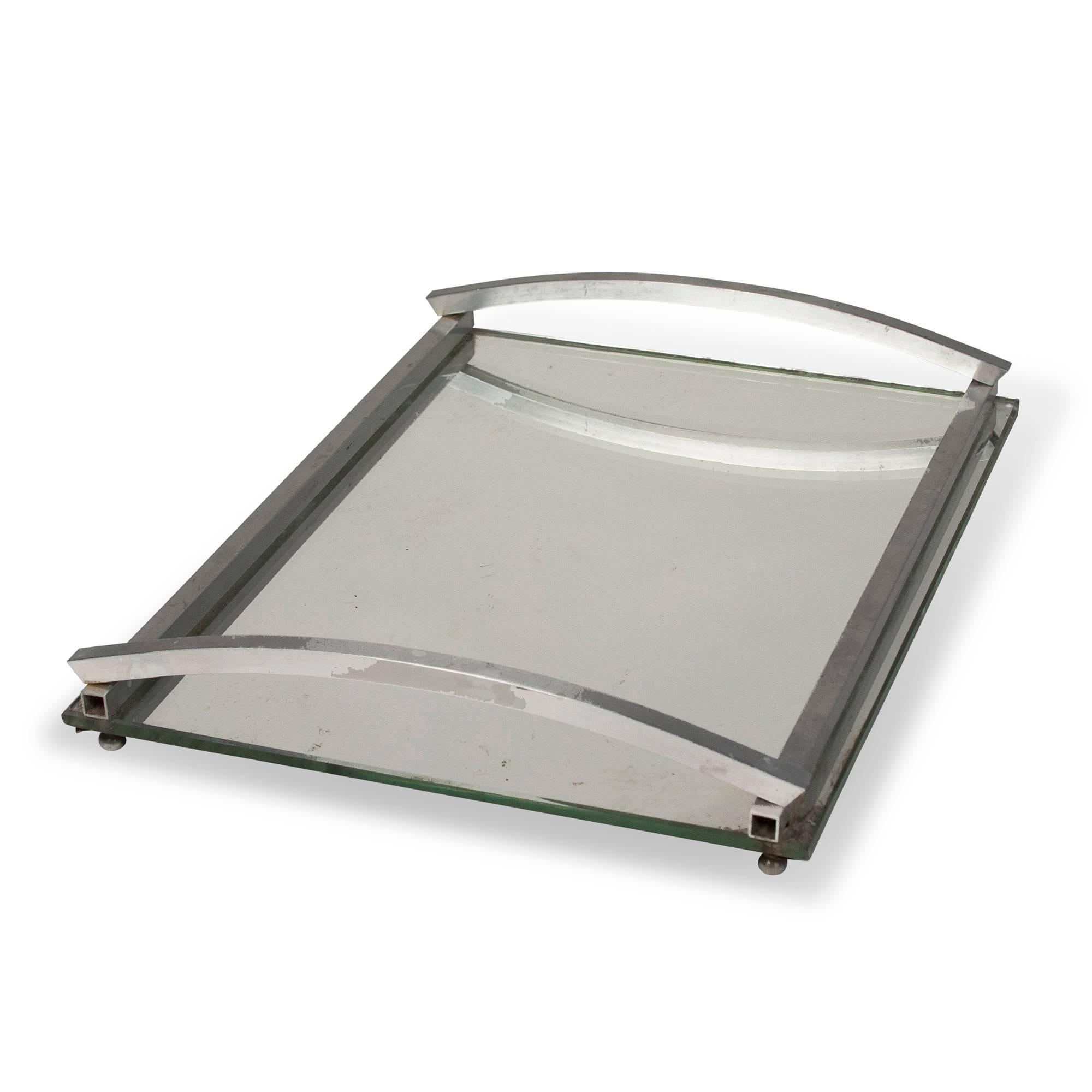 French 1930s Matte Nickel Frame Serving Tray For Sale