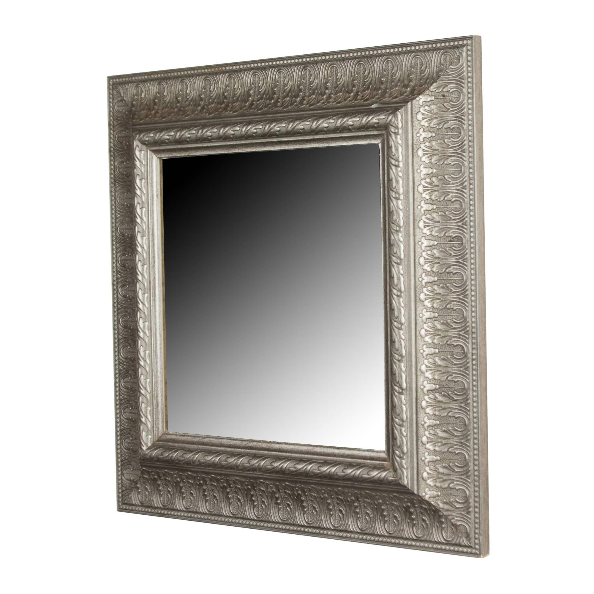 Square painted metal frame mirror, molded pattern, American, 1960s. Measures: 15 1/2 in square, glass measures 9 1/2 in square. 