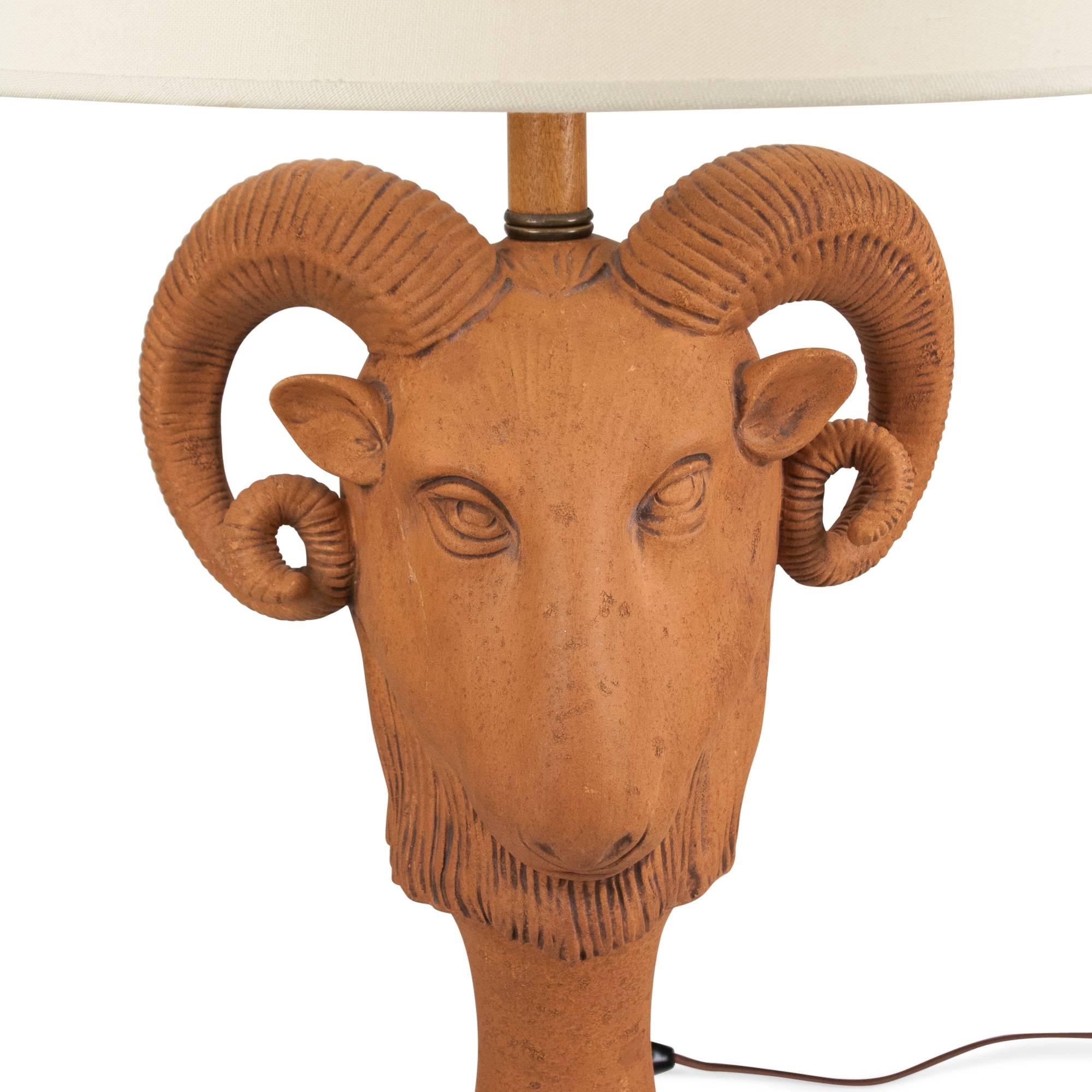 Terracotta Terra Cotta Rams Head Lamp by James Mont, signed