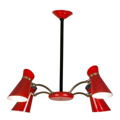 Red Lacquered Four-Arm Chandelier, French, 1950s