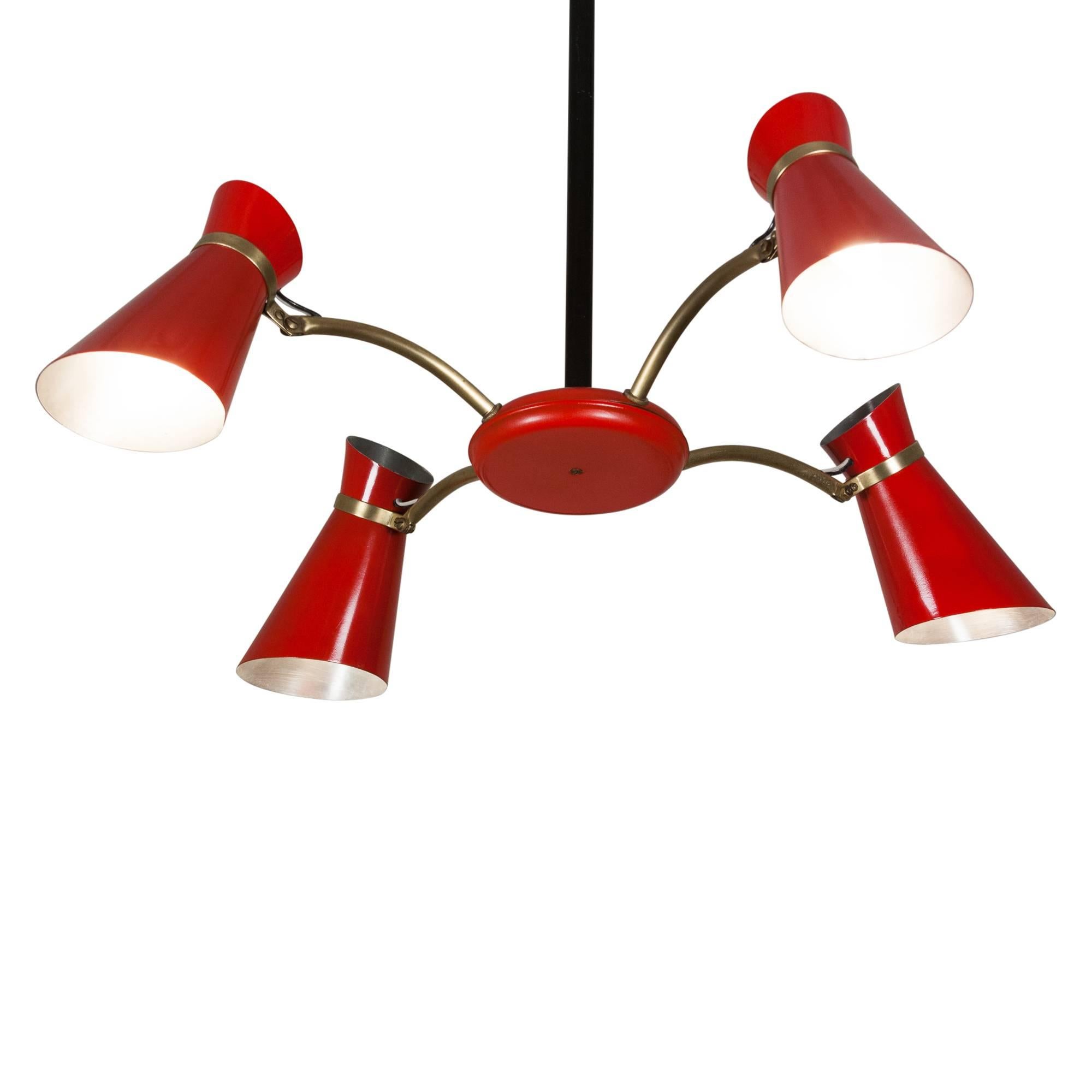 Mid-20th Century Red Lacquered Four-Arm Chandelier, French, 1950s For Sale