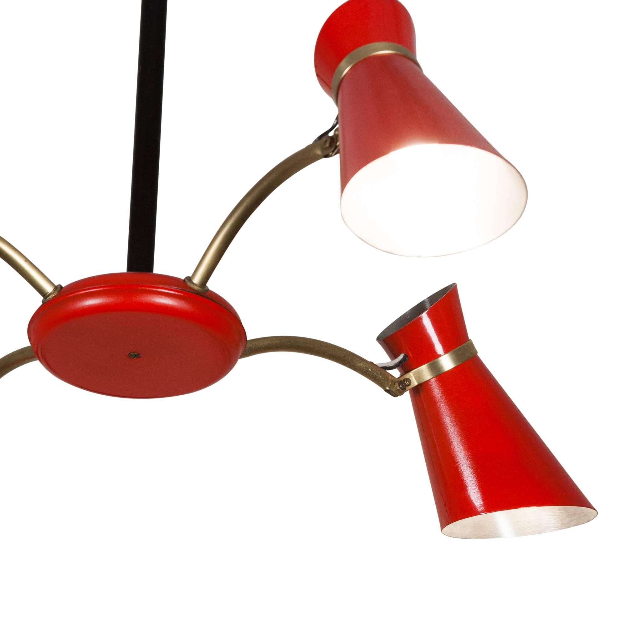 Metal Red Lacquered Four-Arm Chandelier, French, 1950s For Sale