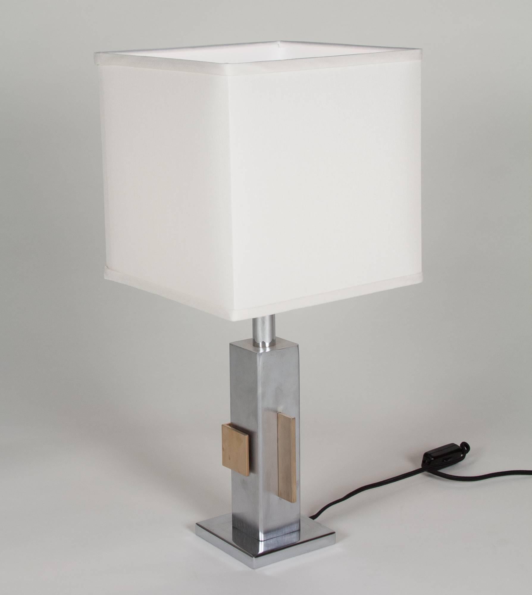 Mid-Century Modern Geometric Chrome and Bronze Table Lamp, French, 1970s For Sale