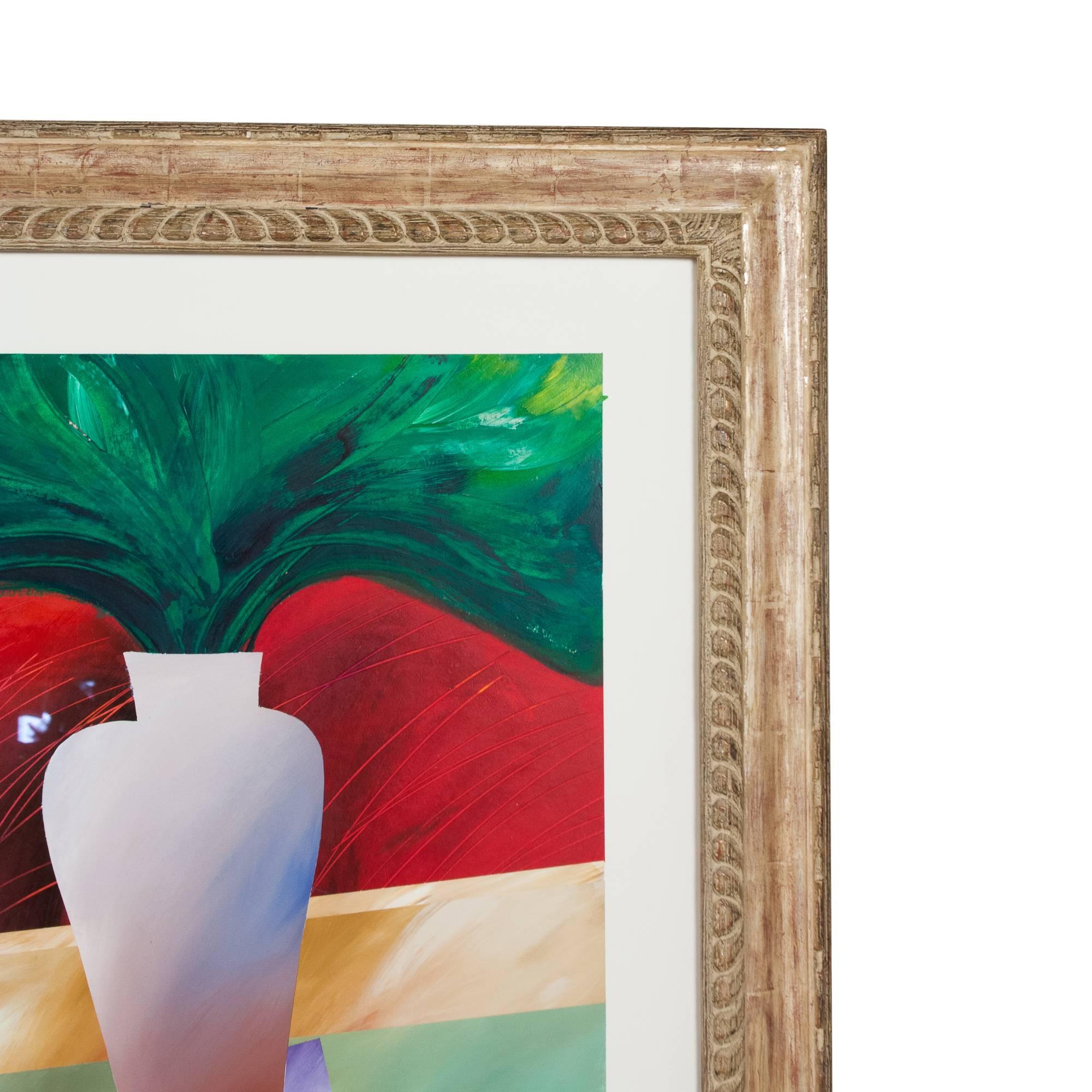 Acrylic on paper still life, "Vessel with Greenery", in carved oak frame, by Michael Ledet (b. 1941), American 1988. Titled lower left in pencil. Signed and dated in pencil lower right. Frame dimensions 45 x 35 in. Art dimensions 37 1/2 x