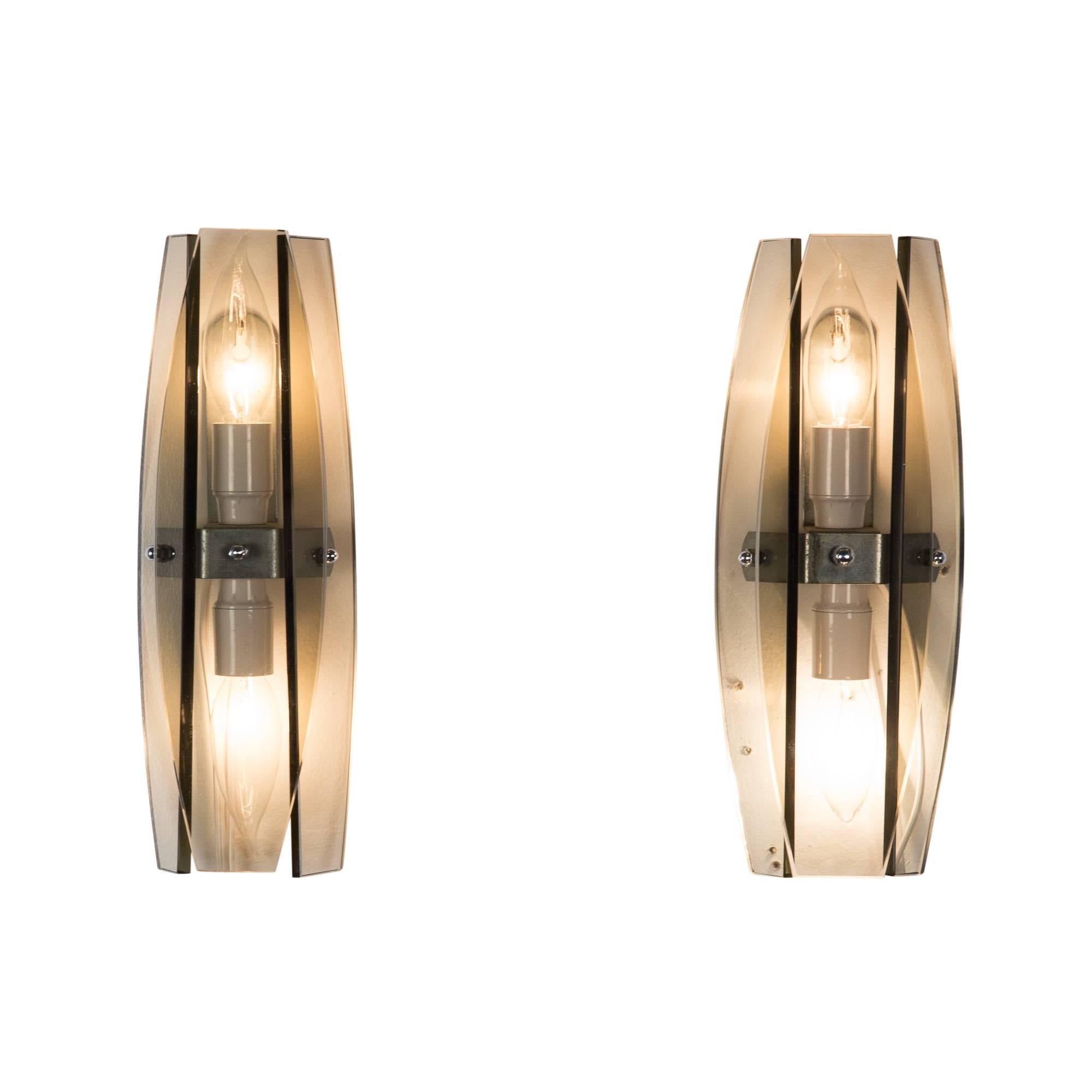 Pair of Two-Light Three Paneled Wall Sconces by Veca For Sale