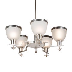 Five-Arm Nickeled Bronze and Glass Chandelier, German, 1930s 5