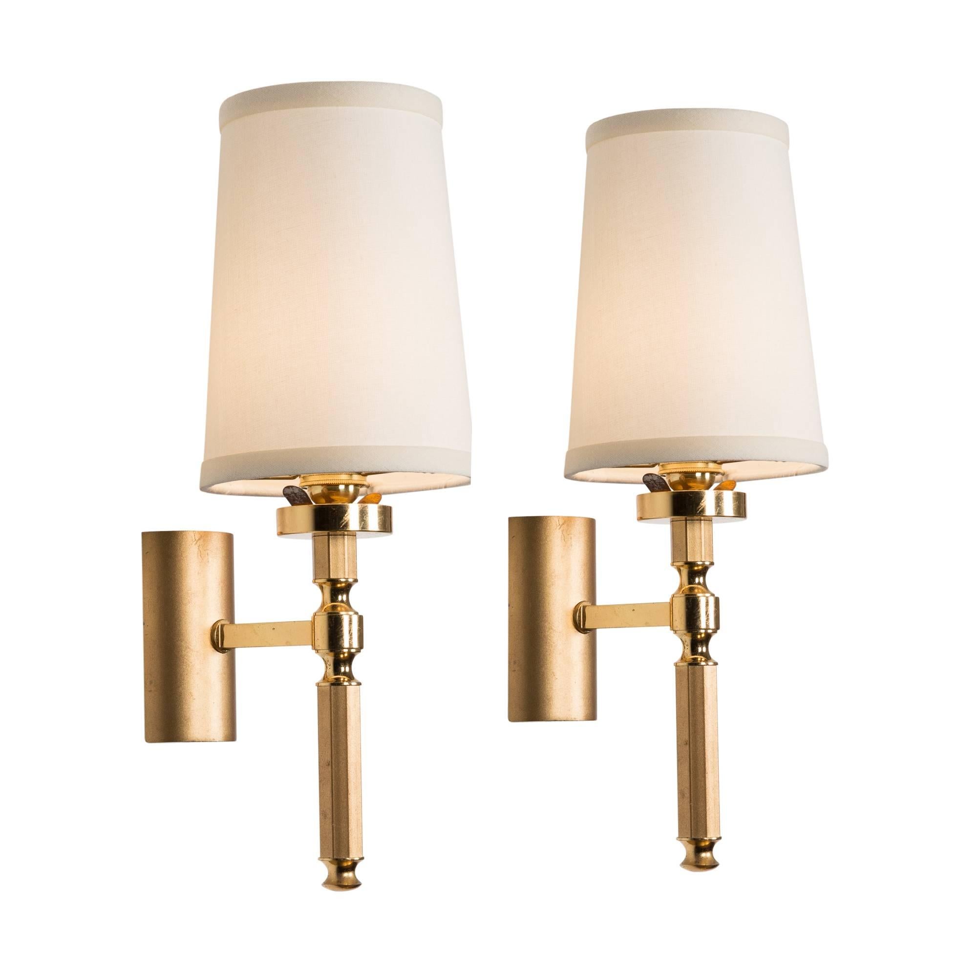 Pair of Single Arm Brass Post Wall Sconces, French, 1960s For Sale