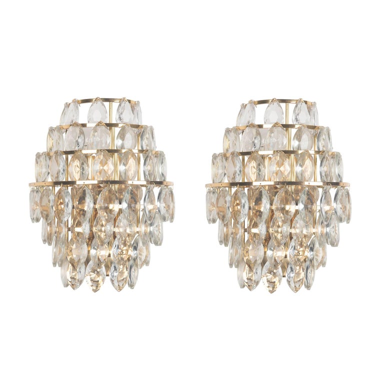 Pair of Hanging Faceted Tiered Crystal Wall Sconces, Austrian, 1960s For Sale at 1stdibs