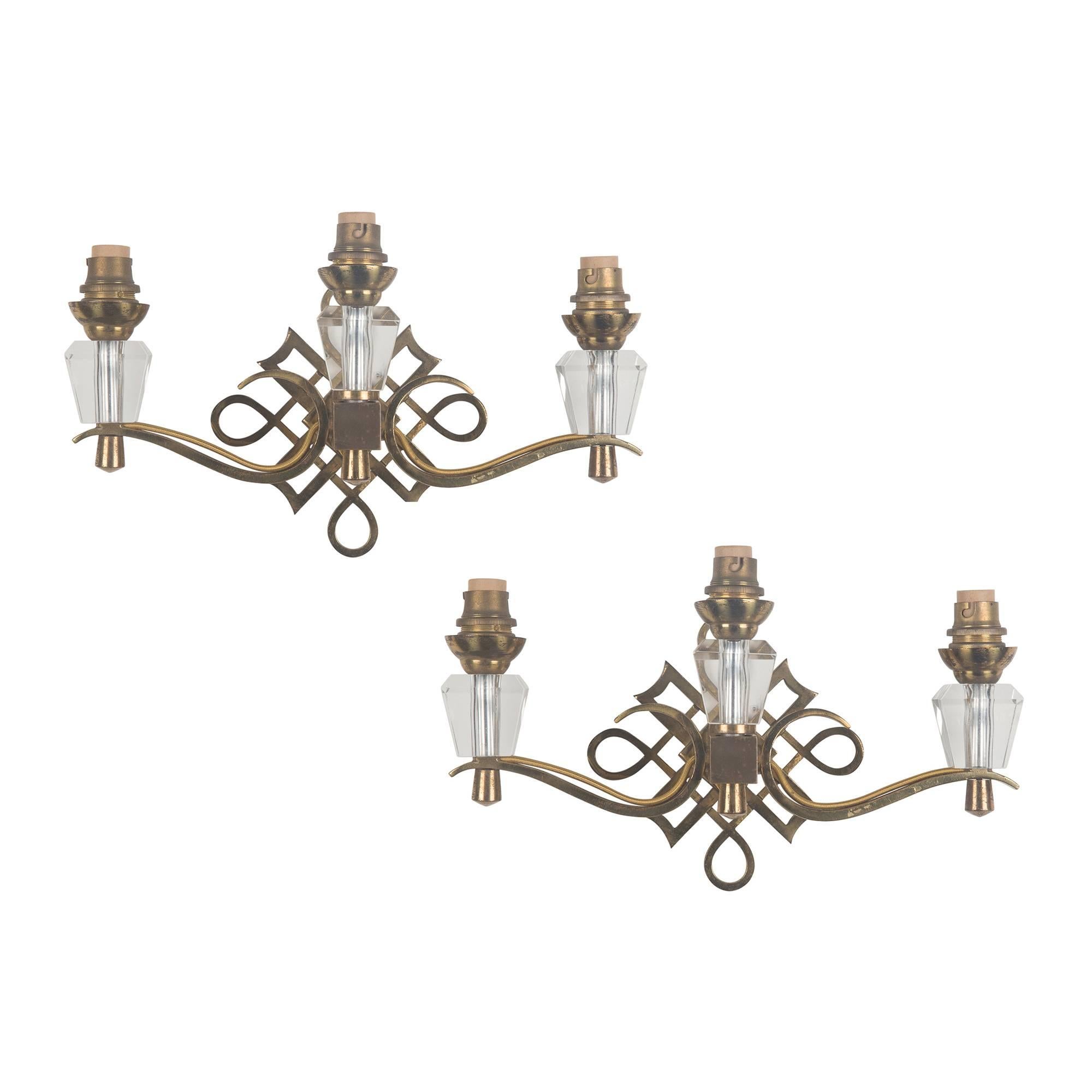 Jules Leleu Style Three Light Wall Sconces, French, 1930s For Sale