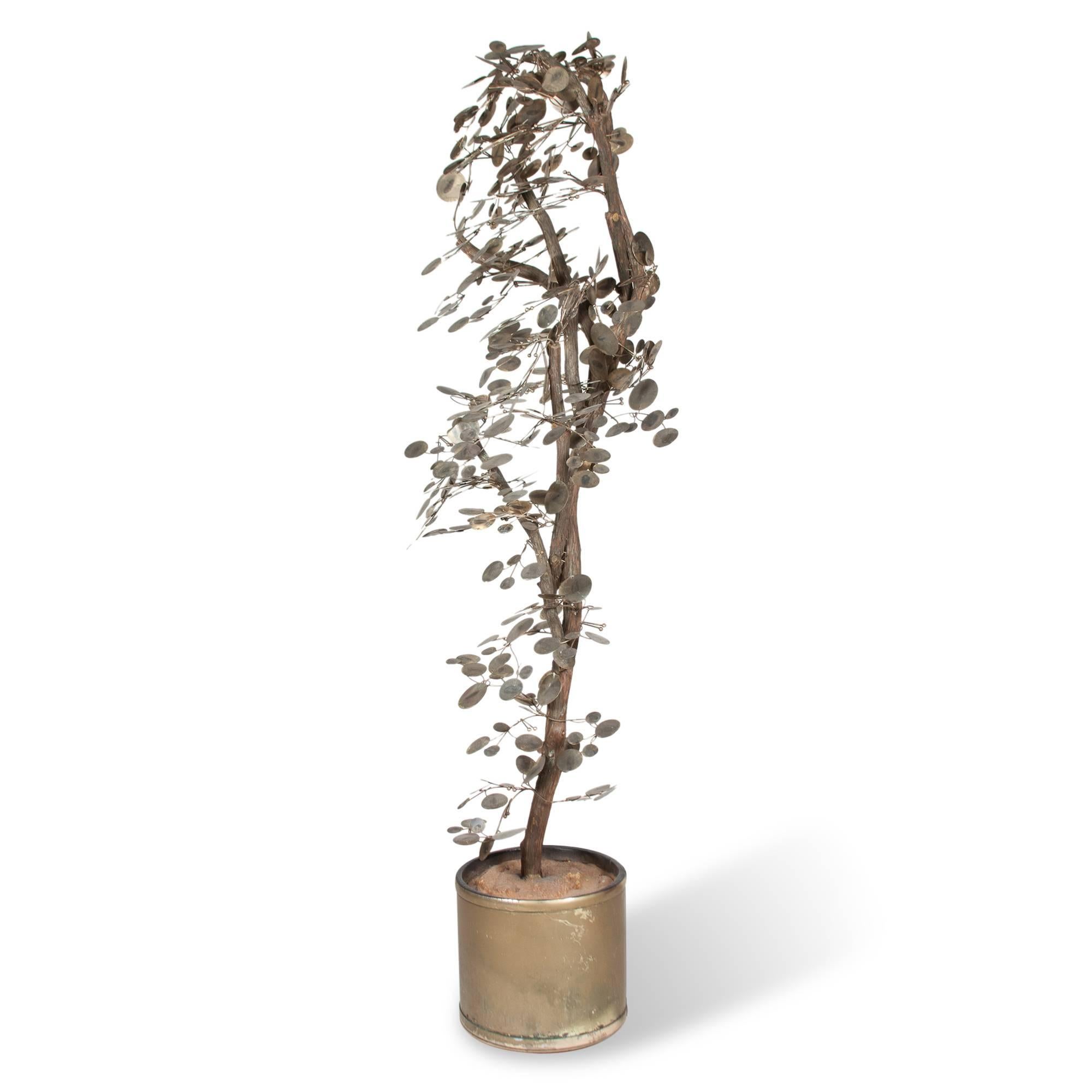 Large brass and gilt painted wood tree sculpture, the leaves in patinated brass, attached to genuine wood tree set into a resin material in a brass cylindrical pot, by C. Jere for Artisan House, America, early 1970s. Height 6 feet. (Item #2381