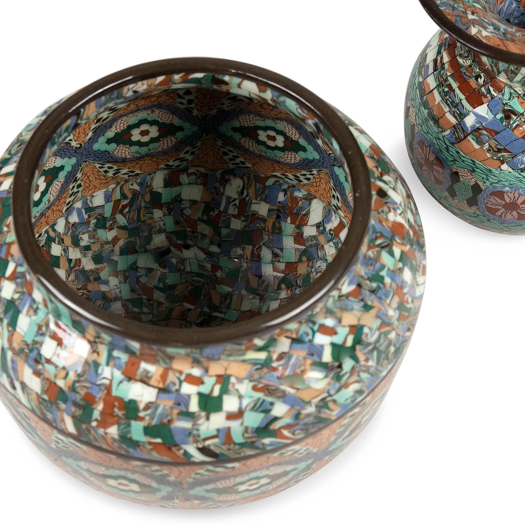 French Two Mosaic Vases by Gerbino For Sale