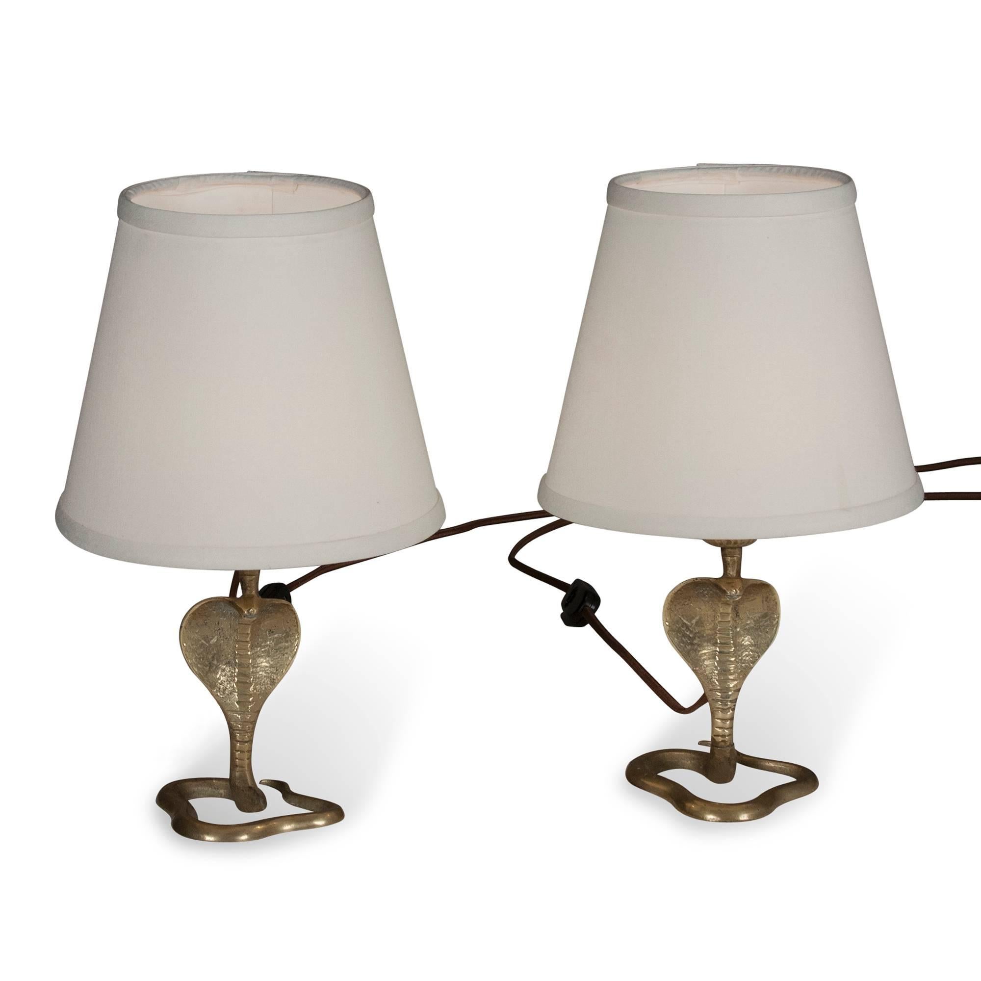 Art Deco Pair of Bronze Cobra Lamps, French, 1930s