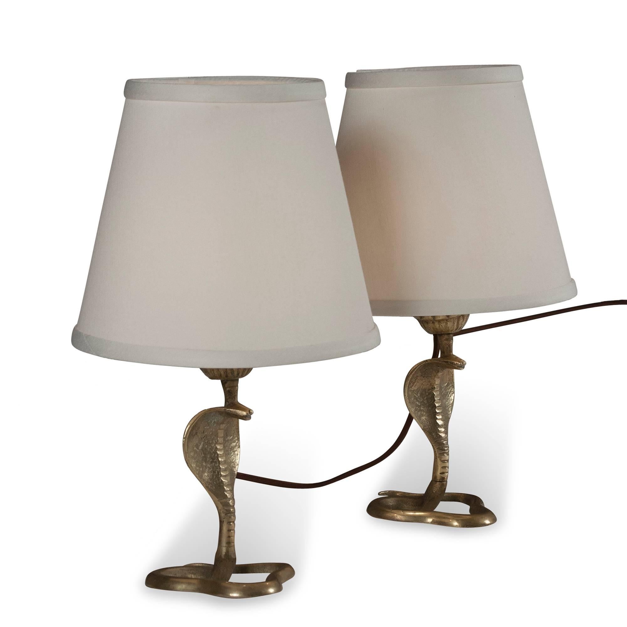 Mid-20th Century Pair of Bronze Cobra Lamps, French, 1930s