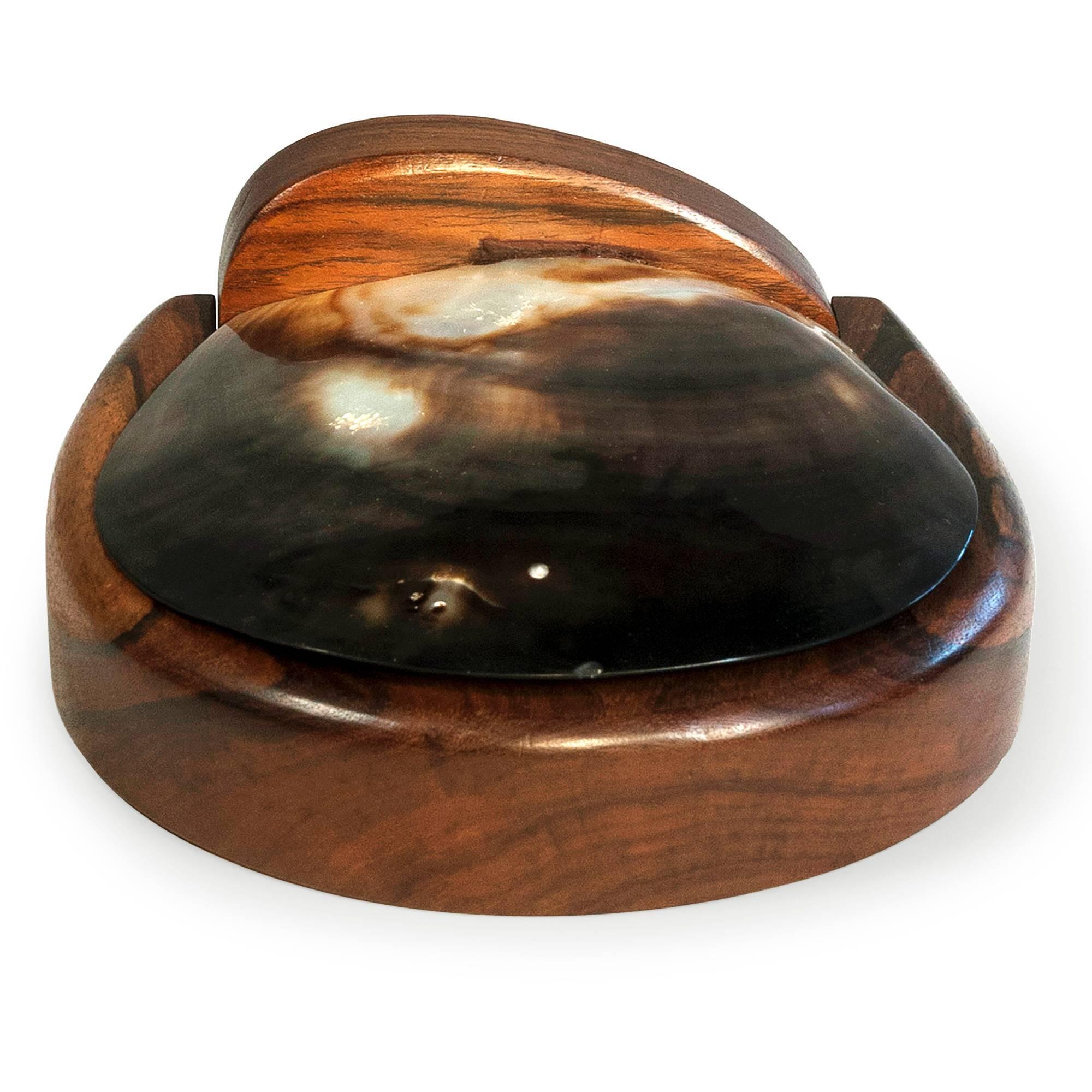 Large shell lidded container or vide-poche, the shell hinged on a French walnut base, in the style of Alexandre Noll, French early 1960s. 8 in x 8 in, height 3 1/2 in. (Item #1809)
 
