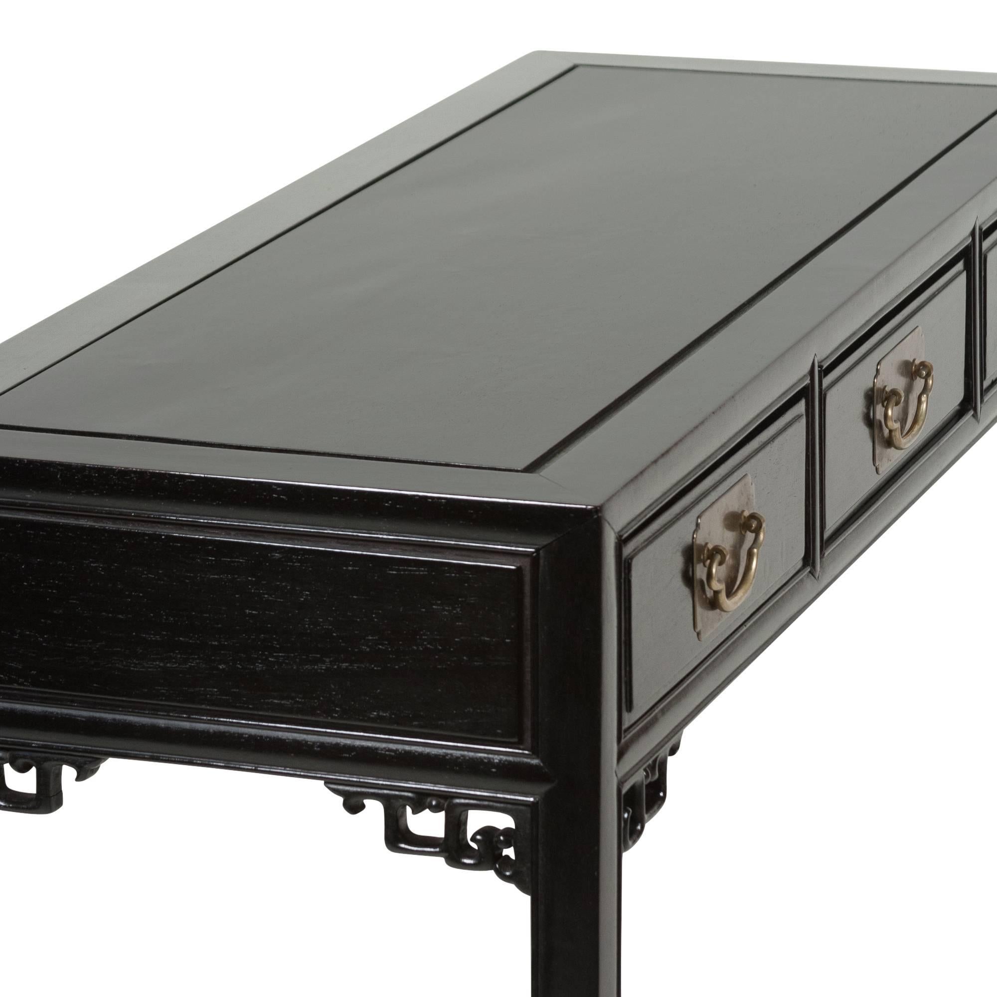 Brass Black Lacquered Chinese Fretwork Desk, 1960s