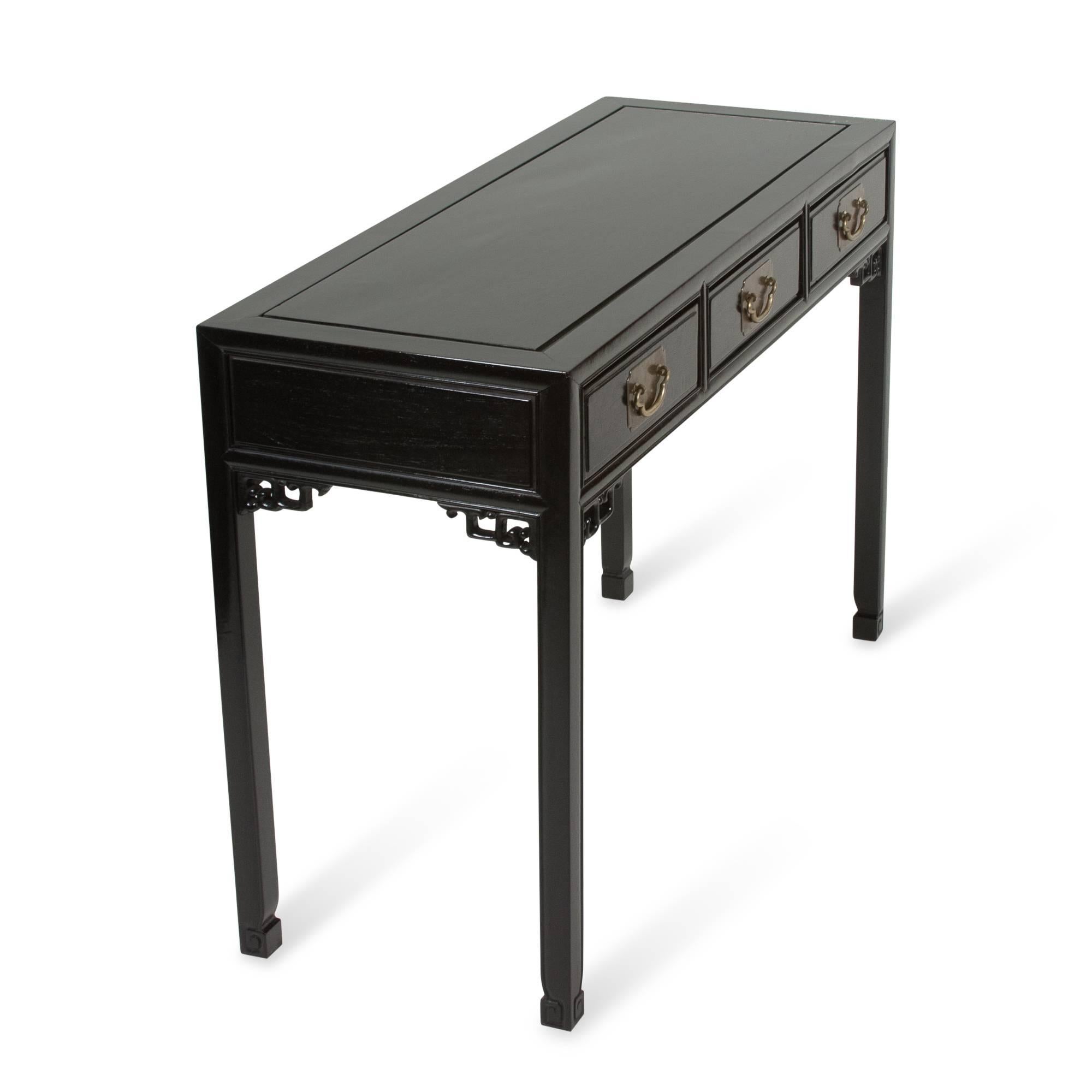 Black Lacquered Chinese Fretwork Desk, 1960s In Excellent Condition In Brooklyn, NY