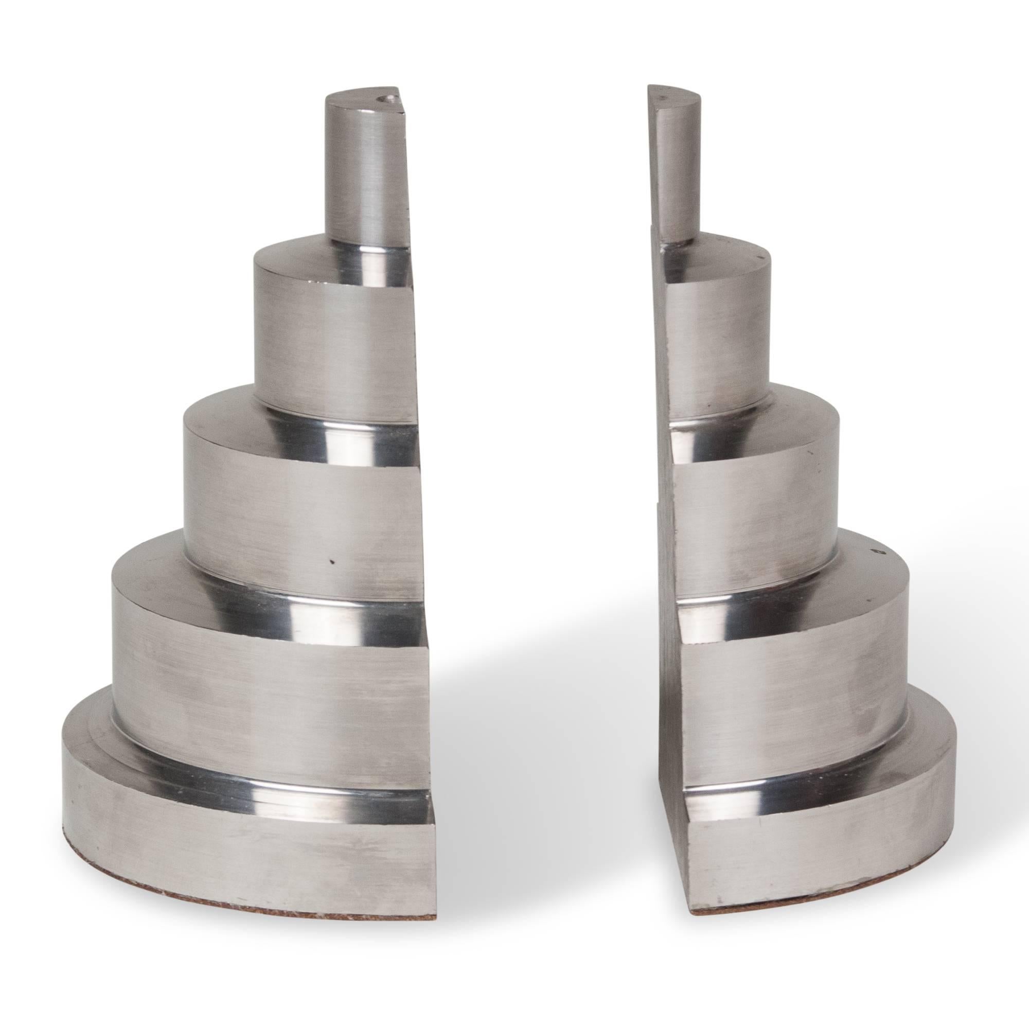 Art Deco Solid Machined Steel Stepped Bookends, Pair